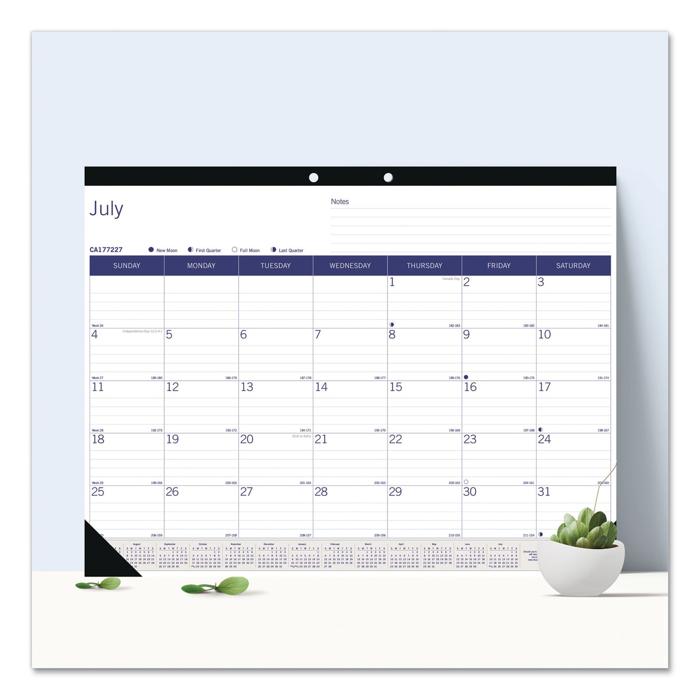 Blueline DuraGlobe Academic Desk Pad Calendar, 22 x 17, White/Blue/Gray Sheets, Black Headband, 13-Month (July to July): 2024 to 2025 (CA177227)