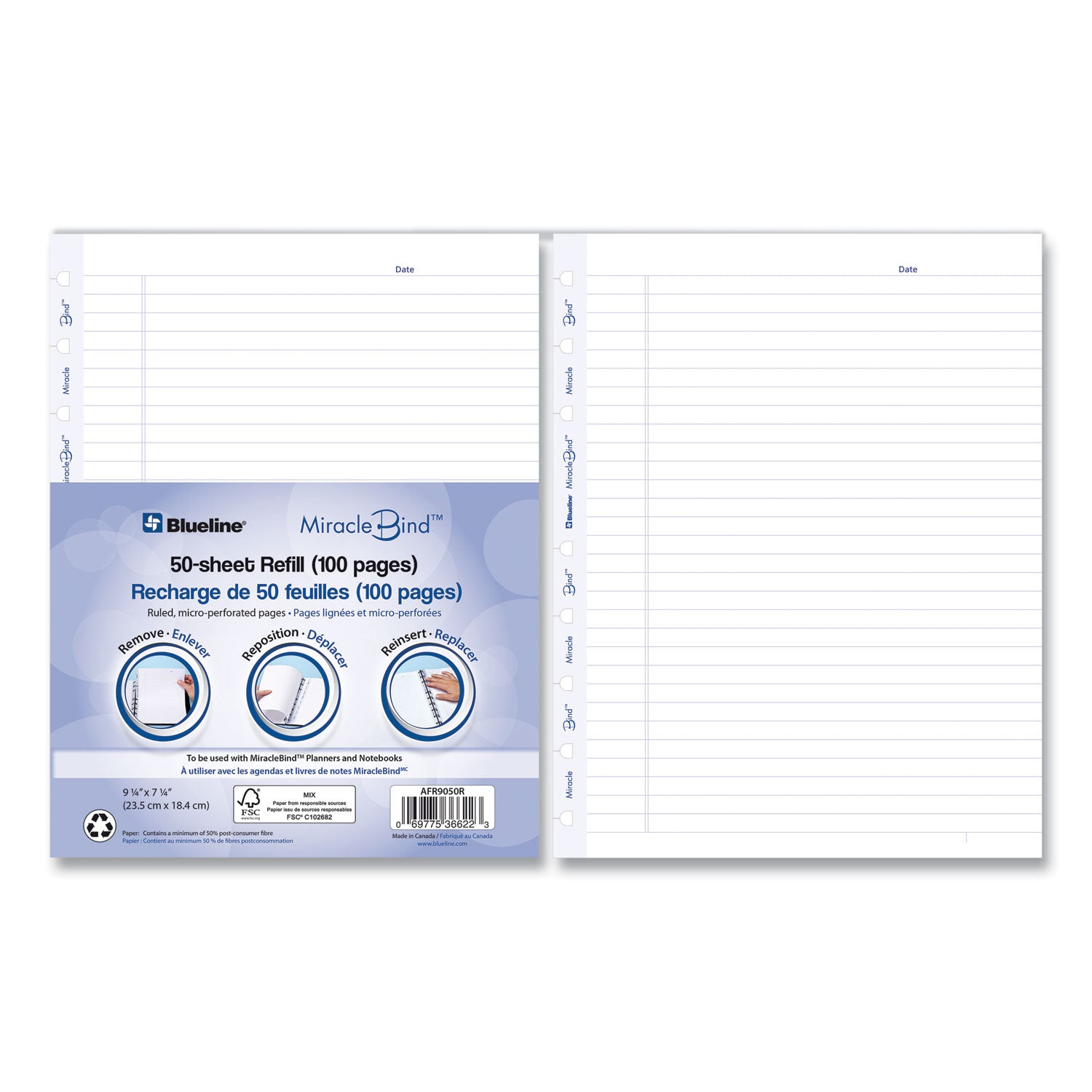 Blueline MiracleBind Ruled Paper Refill Sheets for all MiracleBind Notebooks and Planners, 9.25 x 7.25, White/Blue Sheets, Undated (AFR9050R)