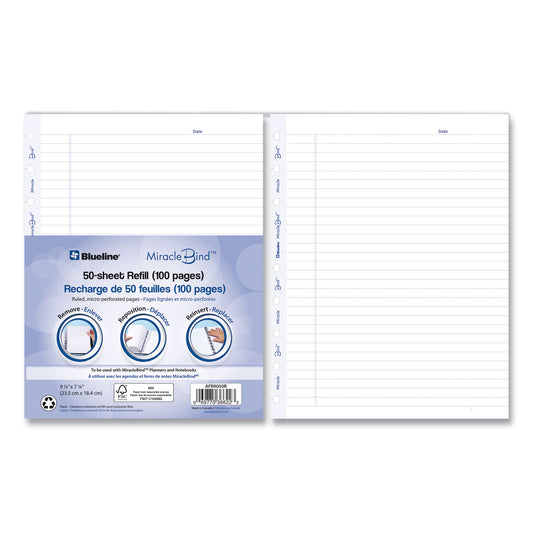 Blueline MiracleBind Ruled Paper Refill Sheets for all MiracleBind Notebooks and Planners, 9.25 x 7.25, White/Blue Sheets, Undated (AFR9050R)