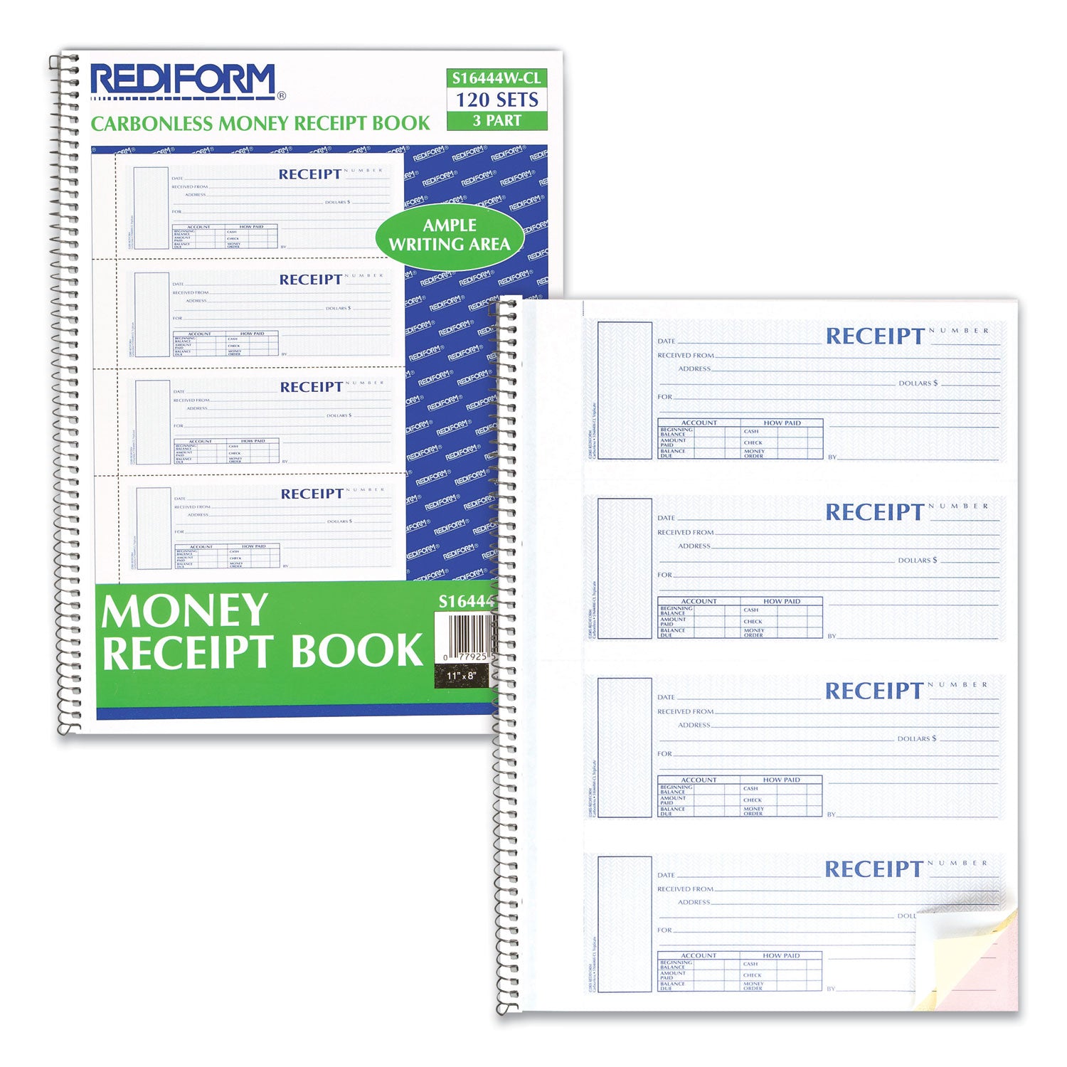 Rediform Spiralbound Unnumbered Money Receipt Book, Three-Part Carbonless, 7 x 2.75, 4 Forms/Sheet, 120 Forms Total (S16444WCL)