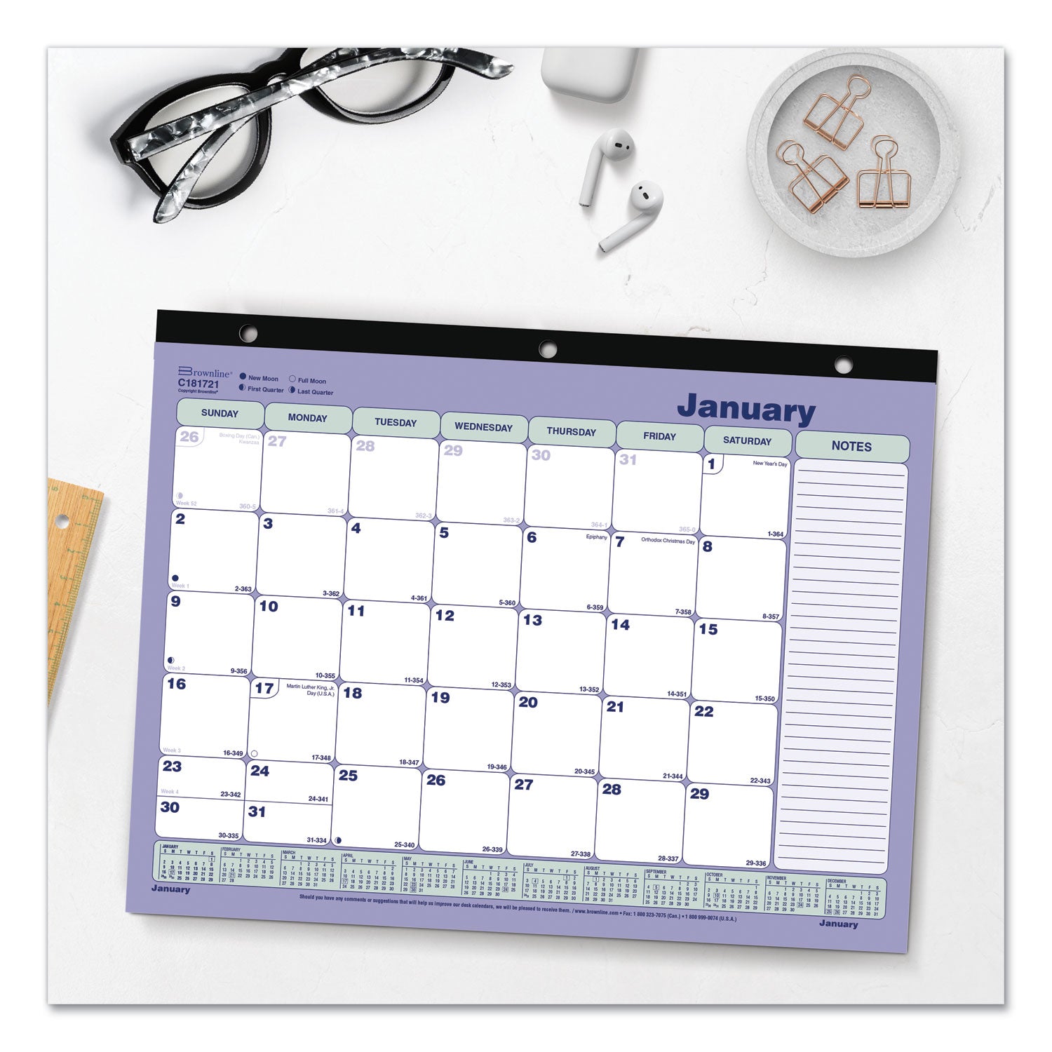 Brownline Monthly Desk Pad Calendar, 3-Hole Punched, 11 x 8.5, White/Blue/Green Sheets, Black Binding, 12-Month (Jan to Dec): 2025 (C181721)