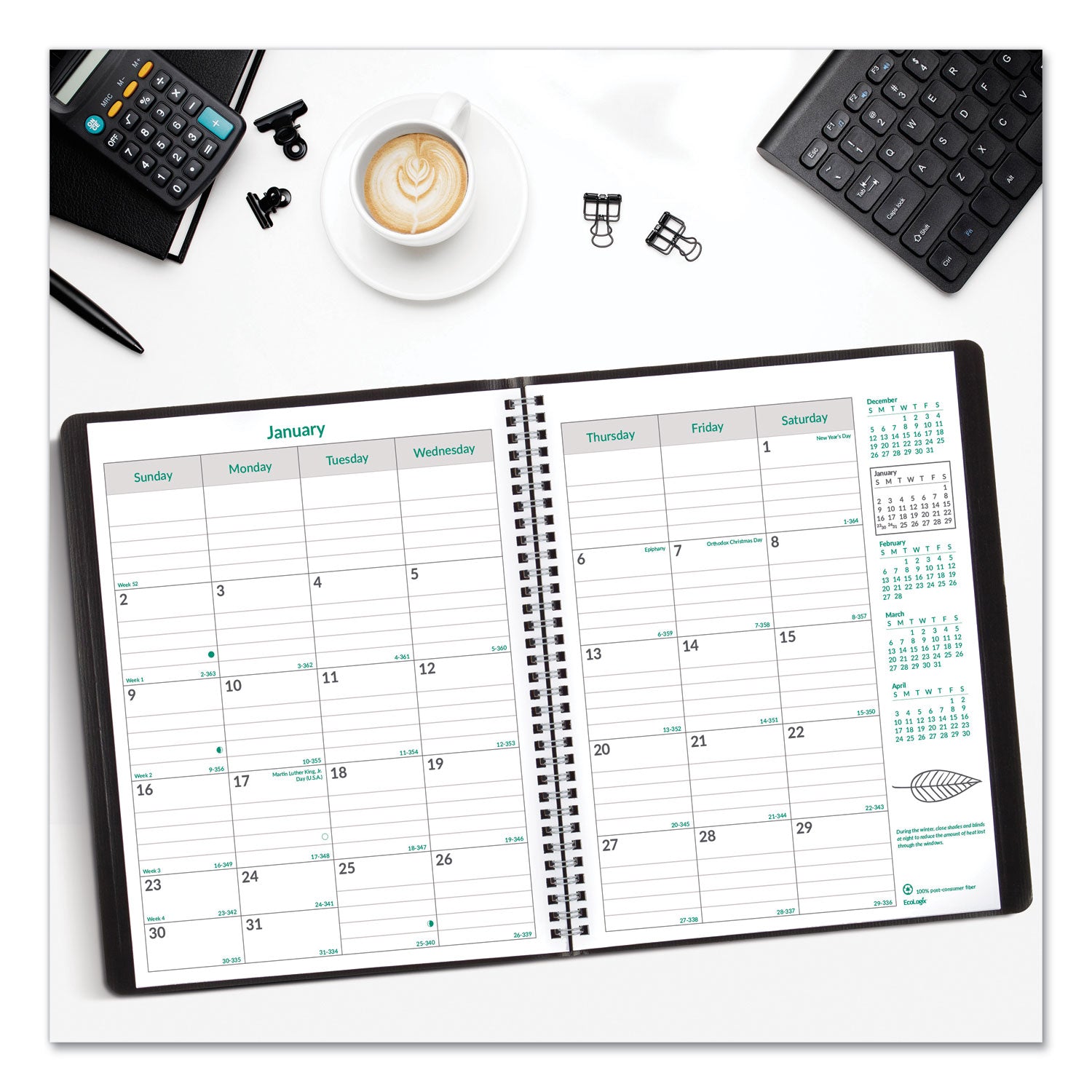 Brownline EcoLogix Recycled Monthly Planner, EcoLogix Artwork, 11 x 8.5, Black Cover, 14-Month: Dec 2024 to Jan 2026 (CB435WBLK)