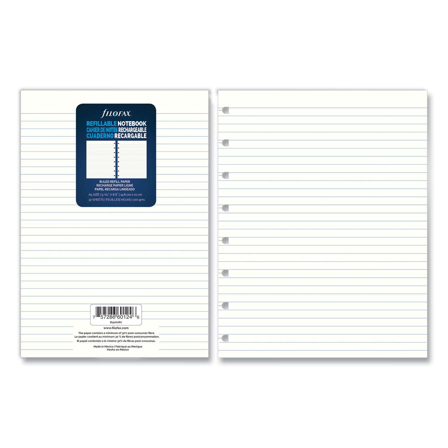 Filofax Notebook Refills, 8-Hole, 8.25 x 5.81, Narrow Rule, 32/Pack (B152008U)