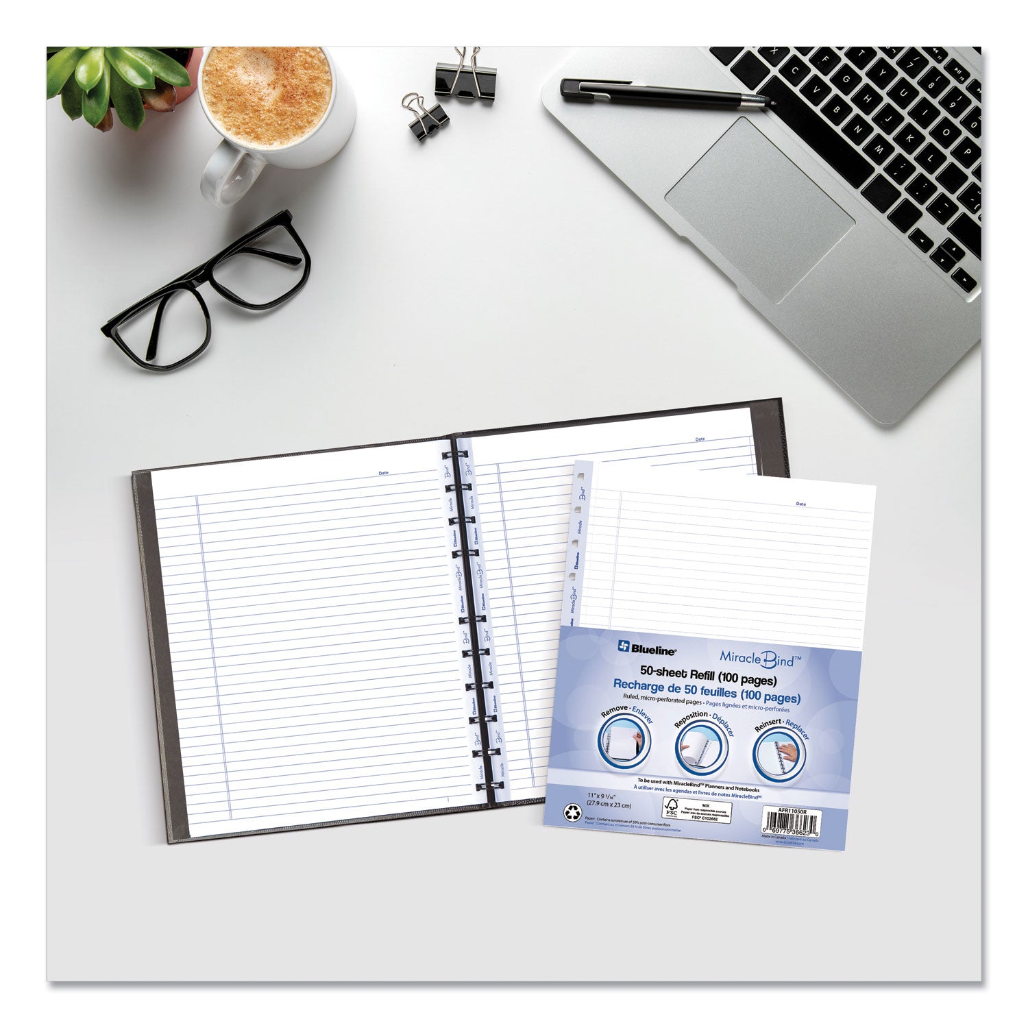 Blueline MiracleBind Ruled Paper Refill Sheets for all MiracleBind Notebooks and Planners, 11 x 9.06, White/Blue Sheets, Undated (AFR11050R)