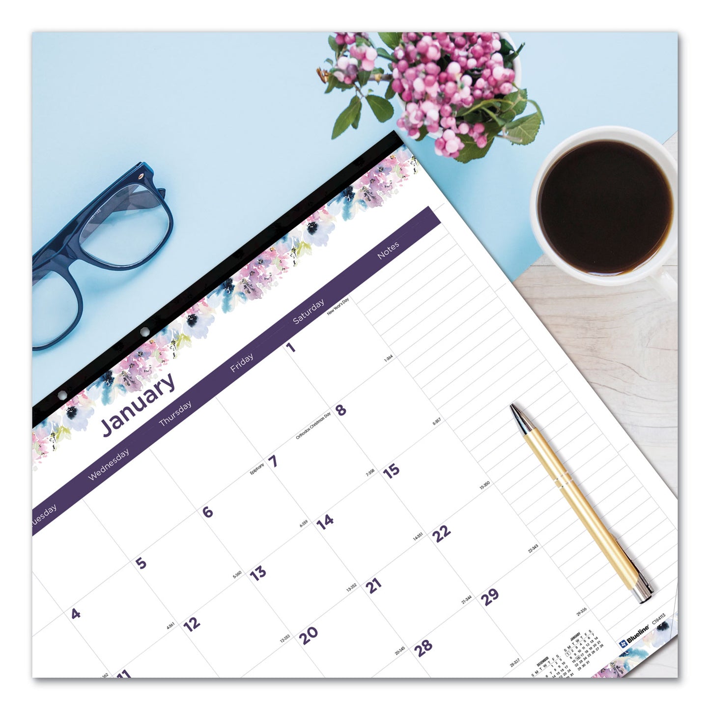 Blueline Passion Monthly Deskpad Calendar, Floral Artwork, 22 x 17, White/Multicolor Sheets, Black Binding, 12-Month (Jan-Dec): 2025 (C194113)