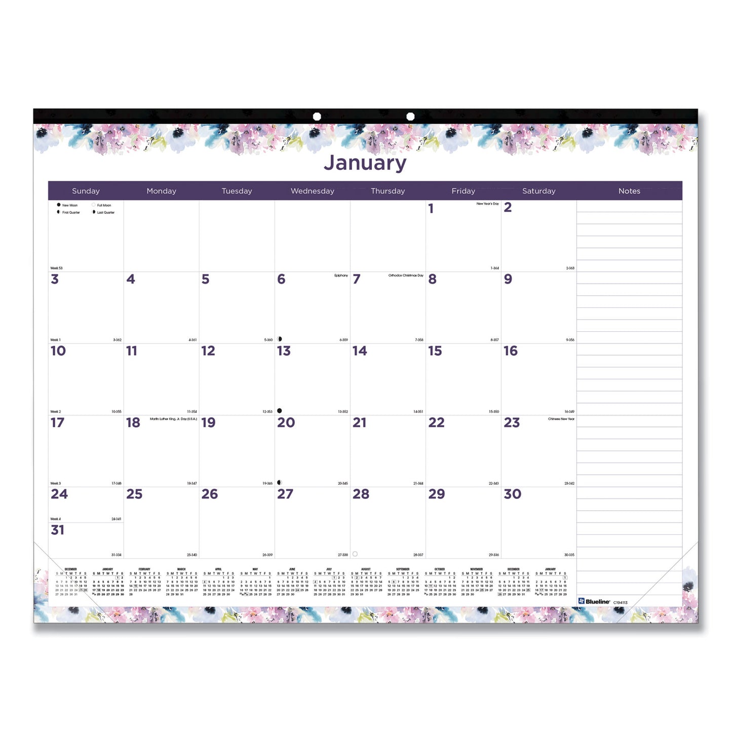 Blueline Passion Monthly Deskpad Calendar, Floral Artwork, 22 x 17, White/Multicolor Sheets, Black Binding, 12-Month (Jan-Dec): 2025 (C194113)