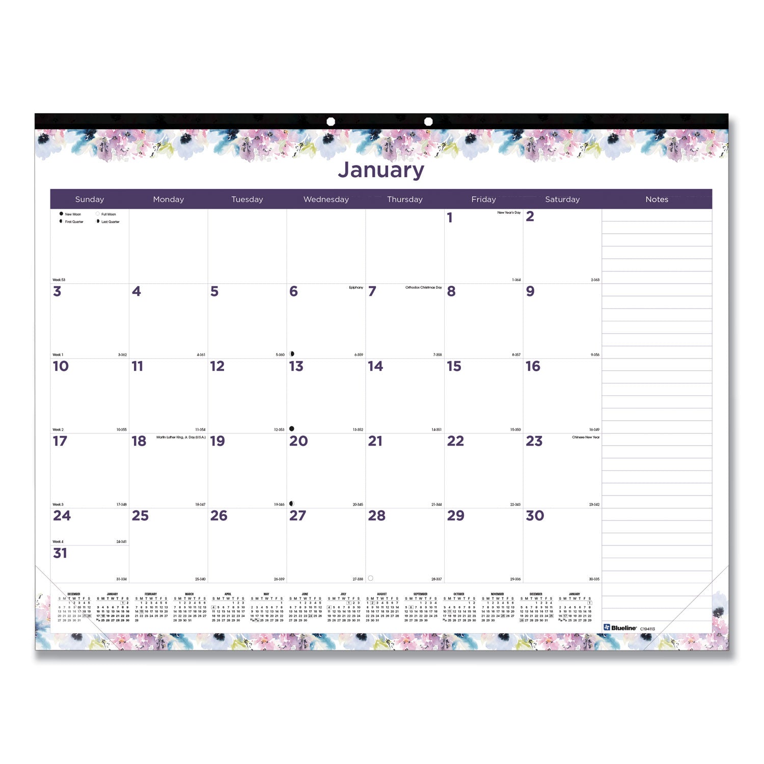 Blueline Passion Monthly Deskpad Calendar, Floral Artwork, 22 x 17, White/Multicolor Sheets, Black Binding, 12-Month (Jan-Dec): 2025 (C194113)