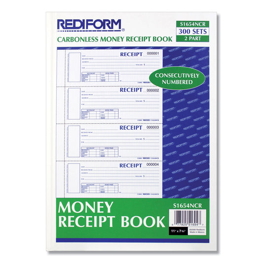 Rediform Durable Hardcover Numbered Money Receipt Book, Two-Part Carbonless, 6.88 x 2.75, 4 Forms/Sheet, 300 Forms Total (S1654NCR)