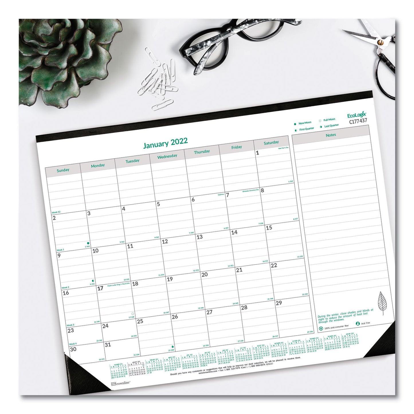 Brownline EcoLogix Monthly Desk Pad Calendar, 22 x 17, White/Green Sheets, Black Binding/Corners, 12-Month (Jan to Dec): 2025 (C177437)