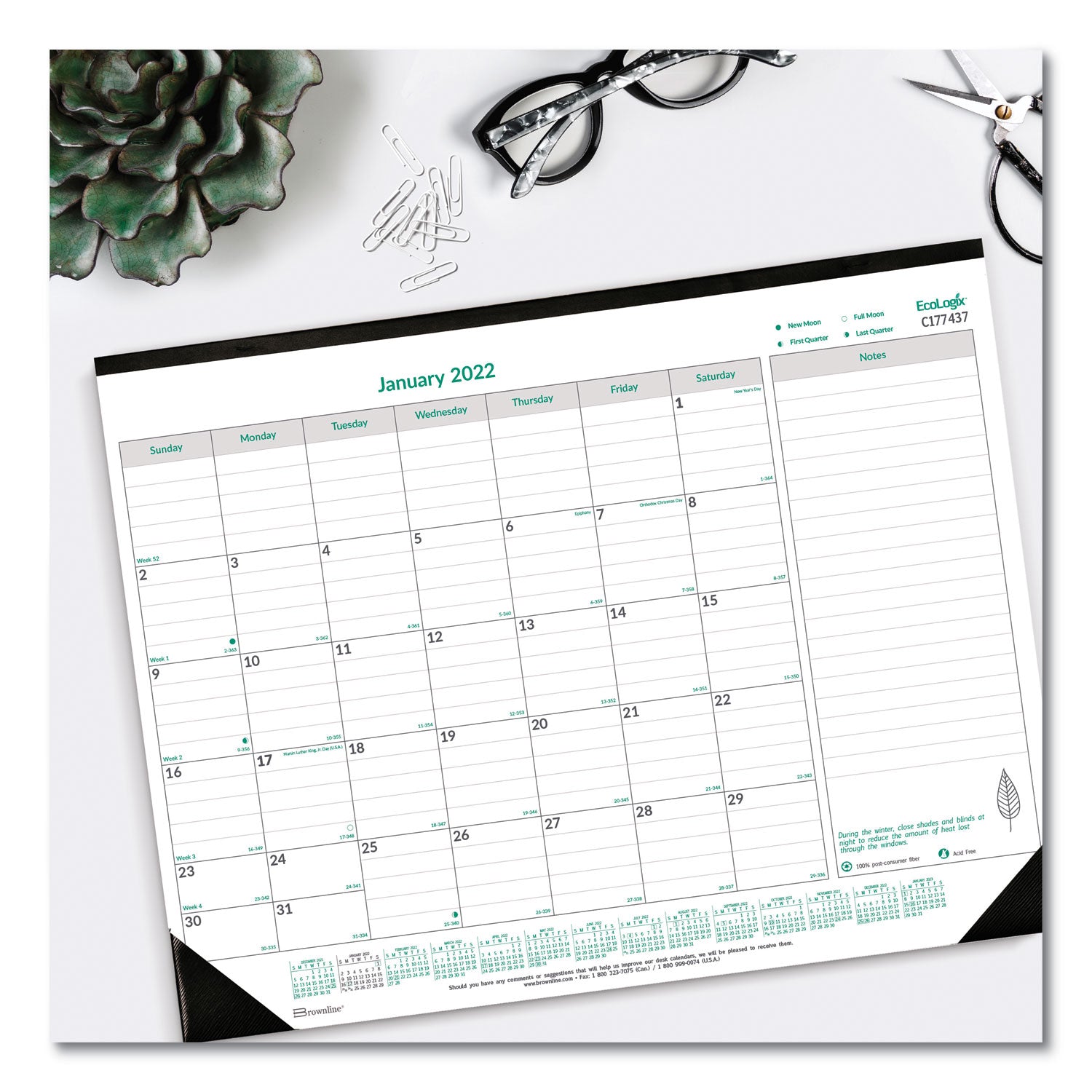 Brownline EcoLogix Monthly Desk Pad Calendar, 22 x 17, White/Green Sheets, Black Binding/Corners, 12-Month (Jan to Dec): 2025 (C177437)