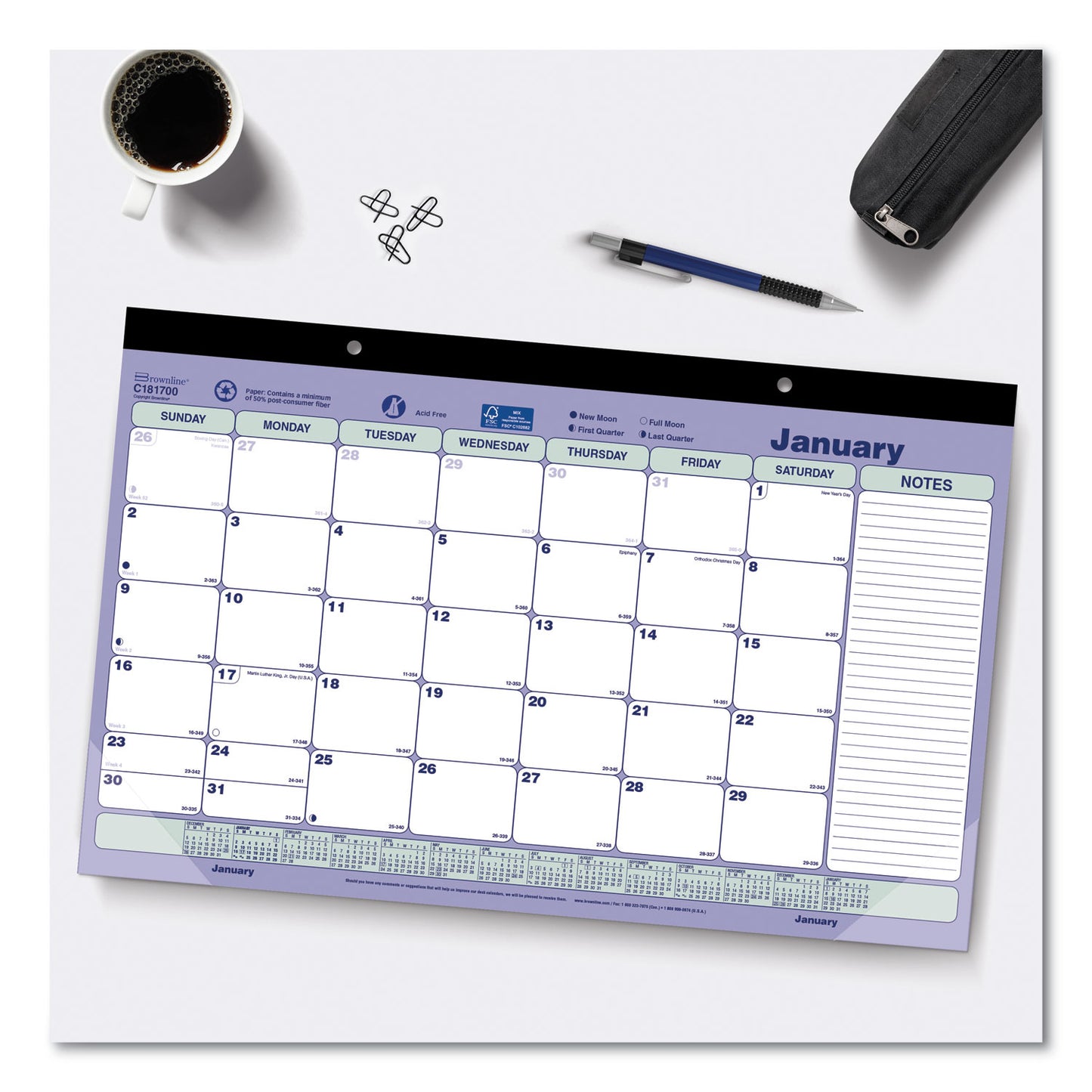 Brownline Monthly Desk Pad Calendar, 17.75 x 10.88, White/Blue/Green Sheets, Black Binding, Clear Corners, 12-Month (Jan to Dec): 2025 (C181700)