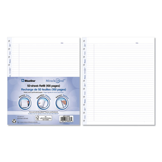 Blueline MiracleBind Ruled Paper Refill Sheets for all MiracleBind Notebooks and Planners, 11 x 9.06, White/Blue Sheets, Undated (AFR11050R)