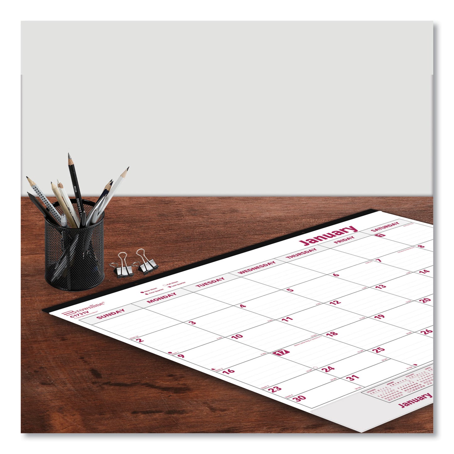 Brownline Monthly Desk Pad Calendar, 22 x 17, White/Burgundy Sheets, Black Binding, Clear Corners, 12-Month (Jan to Dec): 2025 (C1731V)