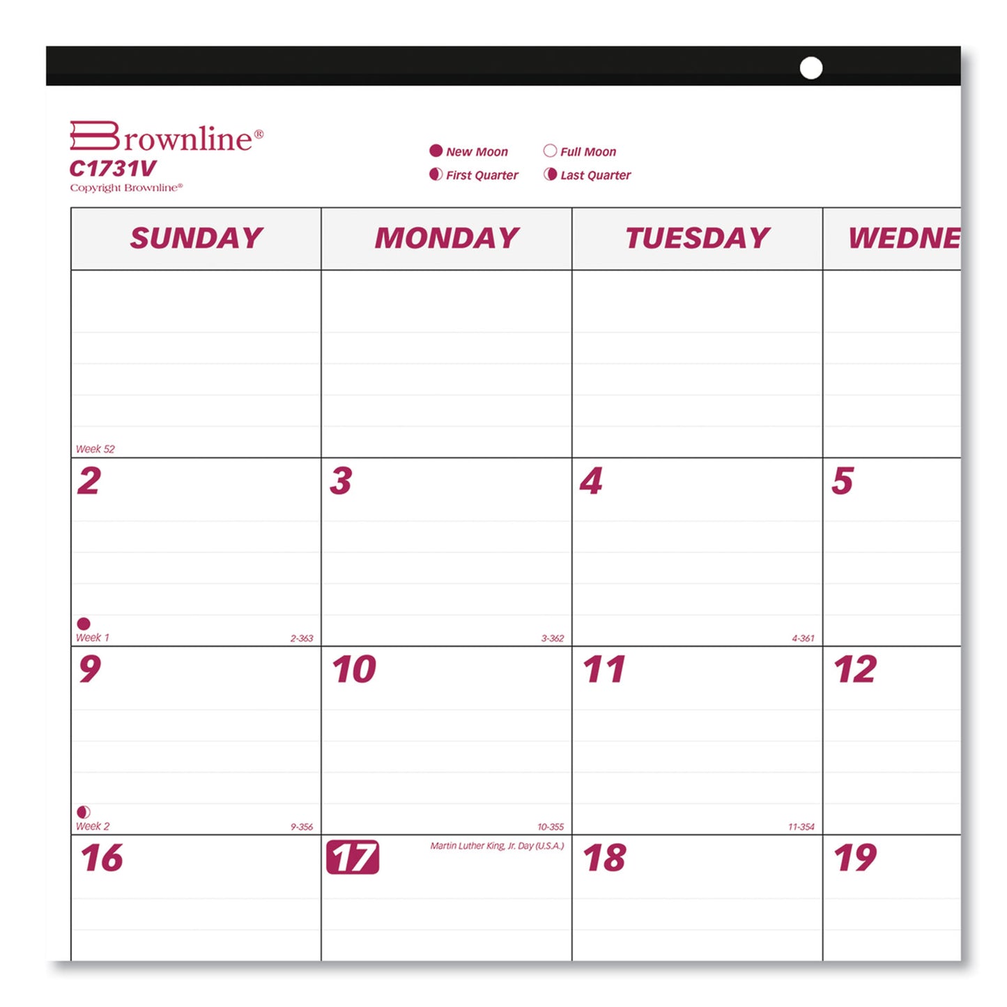Brownline Monthly Desk Pad Calendar, 22 x 17, White/Burgundy Sheets, Black Binding, Clear Corners, 12-Month (Jan to Dec): 2025 (C1731V)