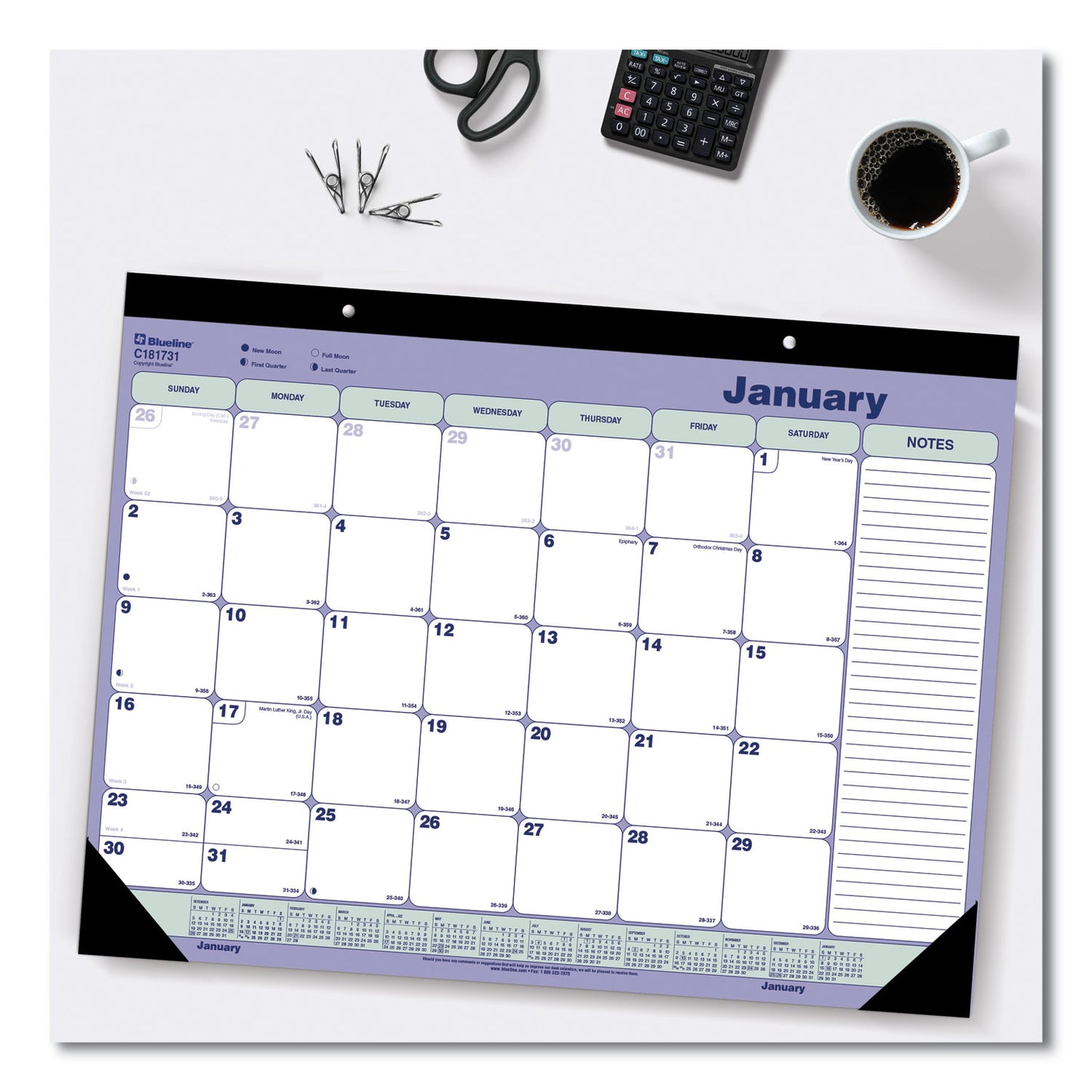 Blueline Monthly Desk Pad Calendar, 21.25 x 16, White/Blue/Green Sheets, Black Binding, Black Corners, 12-Month (Jan to Dec): 2025 (C181731)