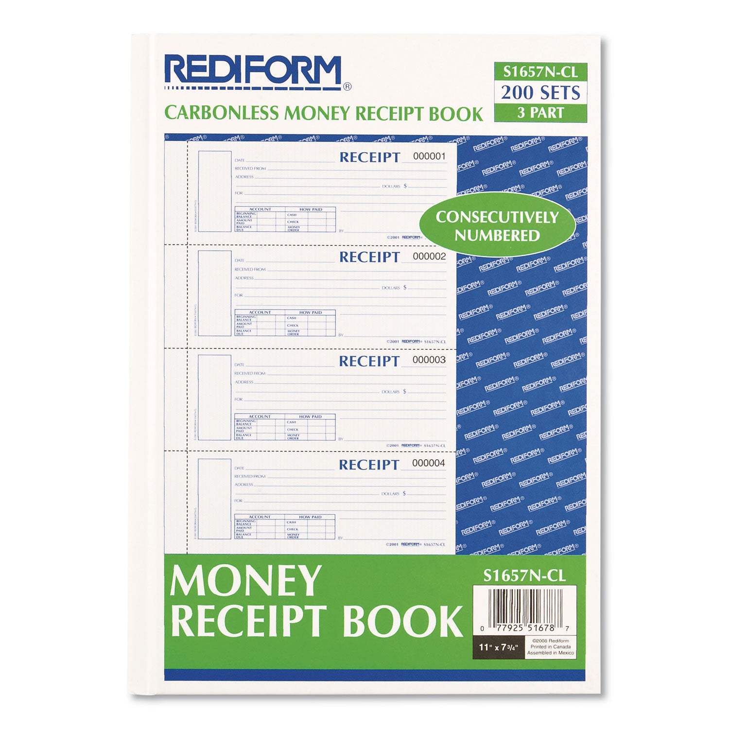 Rediform Durable Hardcover Numbered Money Receipt Book, Three-Part Carbonless, 6.88 x 2.75, 4 Forms/Sheet, 200 Forms Total (S1657NCL)