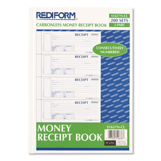 Rediform Durable Hardcover Numbered Money Receipt Book, Three-Part Carbonless, 6.88 x 2.75, 4 Forms/Sheet, 200 Forms Total (S1657NCL)