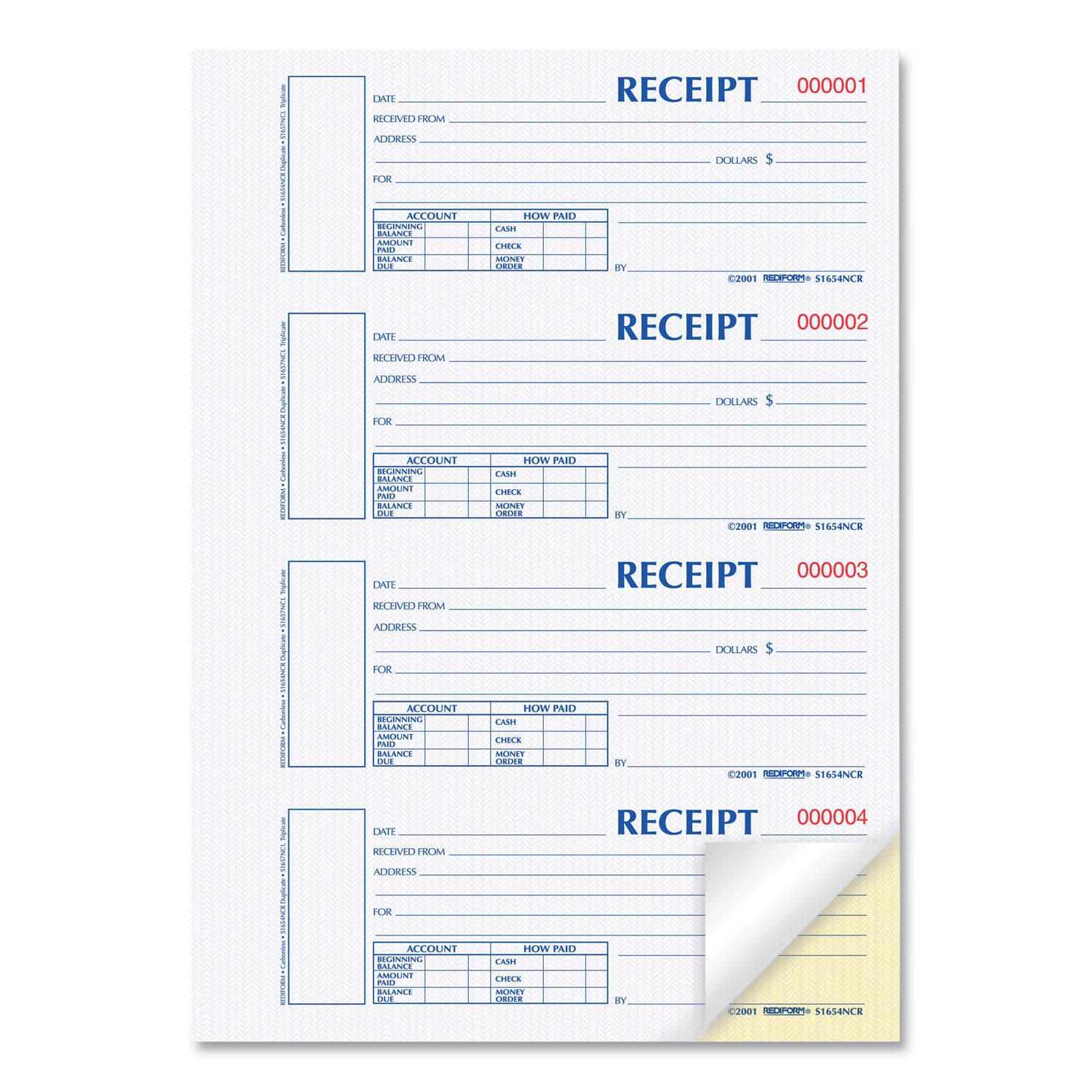 Rediform Durable Hardcover Numbered Money Receipt Book, Two-Part Carbonless, 6.88 x 2.75, 4 Forms/Sheet, 300 Forms Total (S1654NCR)