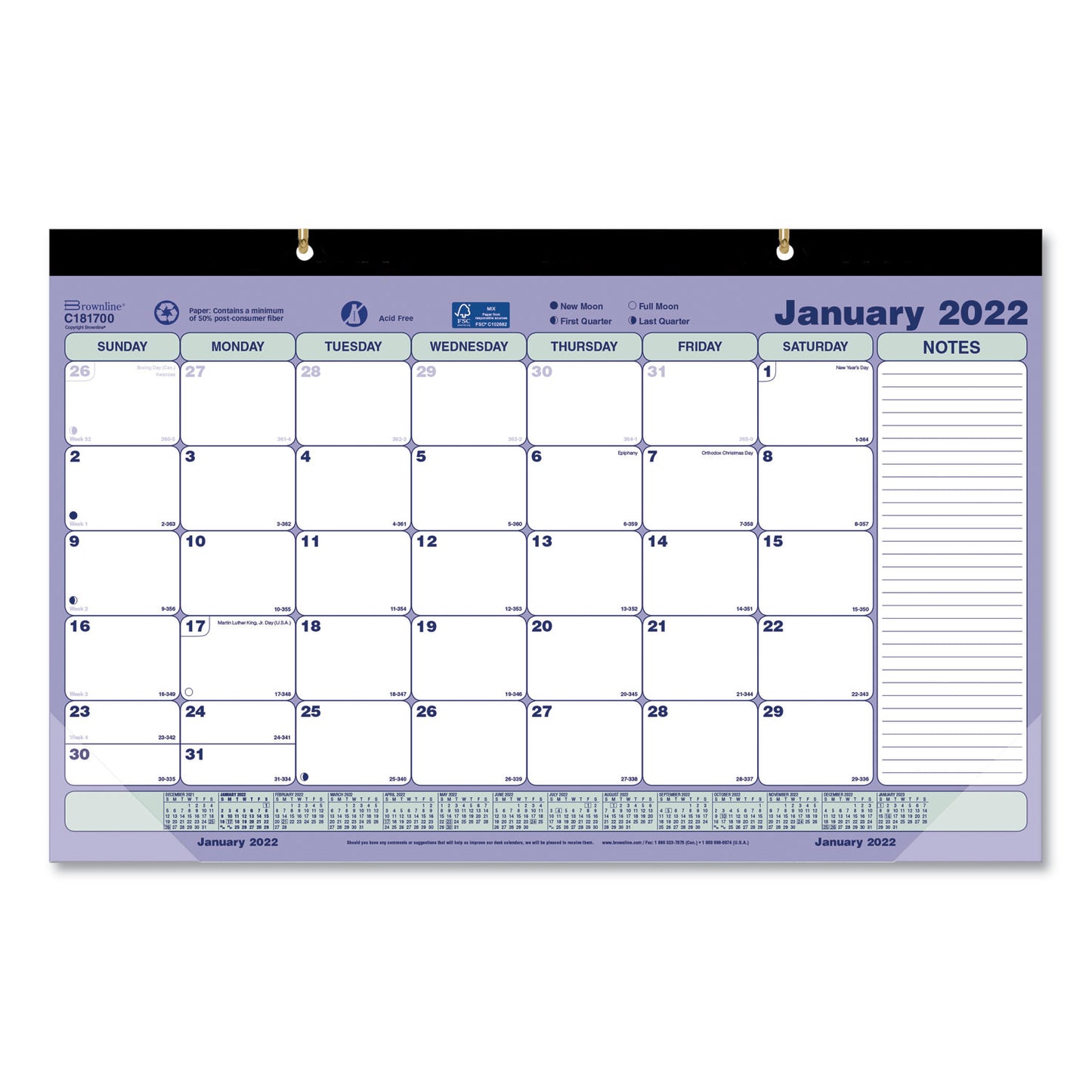 Brownline Monthly Desk Pad Calendar, 17.75 x 10.88, White/Blue/Green Sheets, Black Binding, Clear Corners, 12-Month (Jan to Dec): 2025 (C181700)