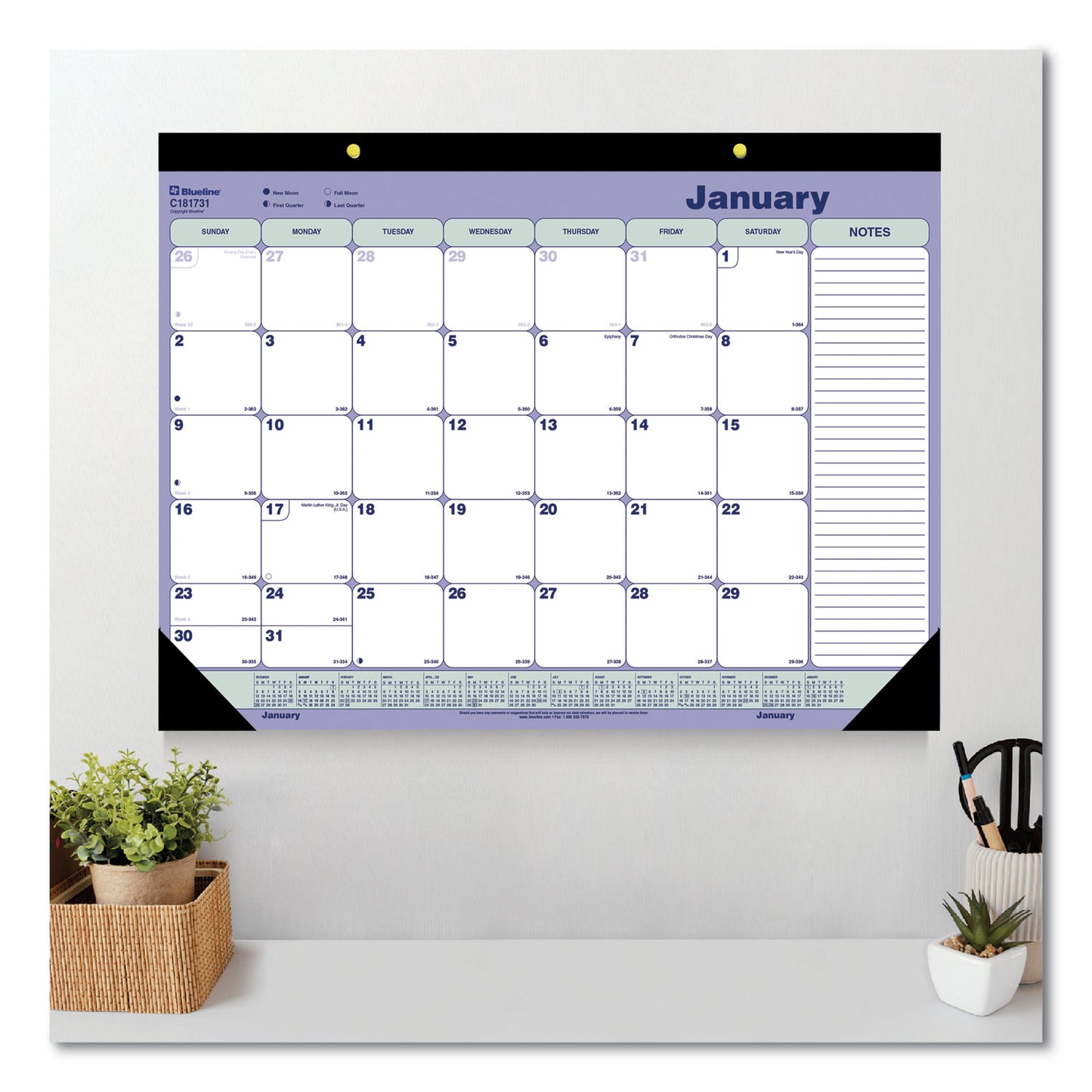 Blueline Monthly Desk Pad Calendar, 21.25 x 16, White/Blue/Green Sheets, Black Binding, Black Corners, 12-Month (Jan to Dec): 2025 (C181731)