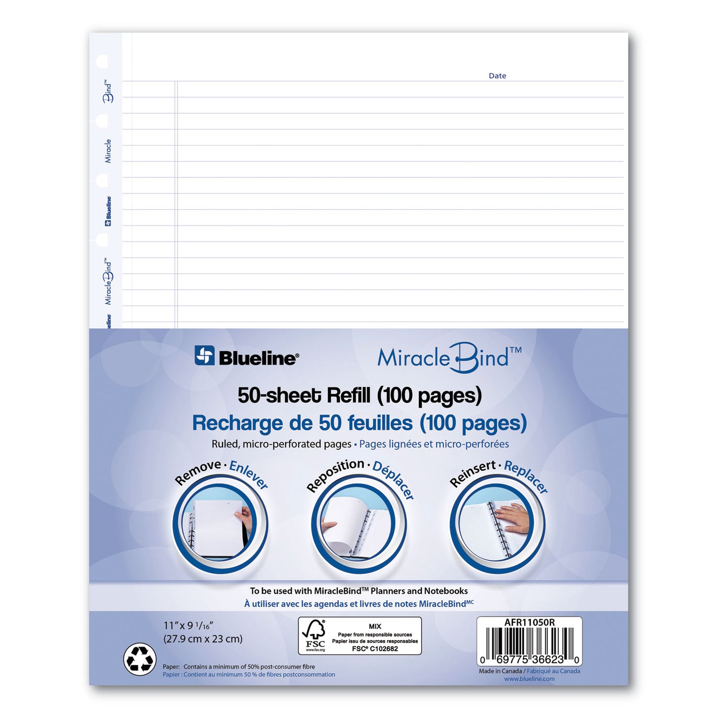 Blueline MiracleBind Ruled Paper Refill Sheets for all MiracleBind Notebooks and Planners, 11 x 9.06, White/Blue Sheets, Undated (AFR11050R)
