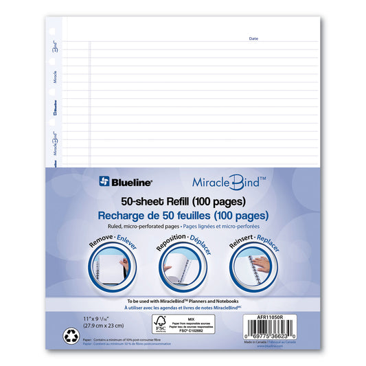 Blueline MiracleBind Ruled Paper Refill Sheets for all MiracleBind Notebooks and Planners, 11 x 9.06, White/Blue Sheets, Undated (AFR11050R)