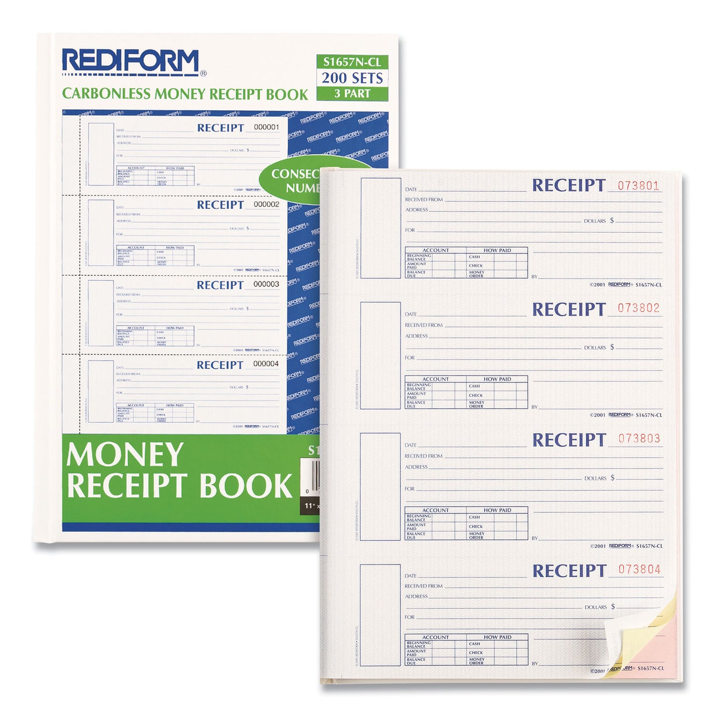 Rediform Durable Hardcover Numbered Money Receipt Book, Three-Part Carbonless, 6.88 x 2.75, 4 Forms/Sheet, 200 Forms Total (S1657NCL)