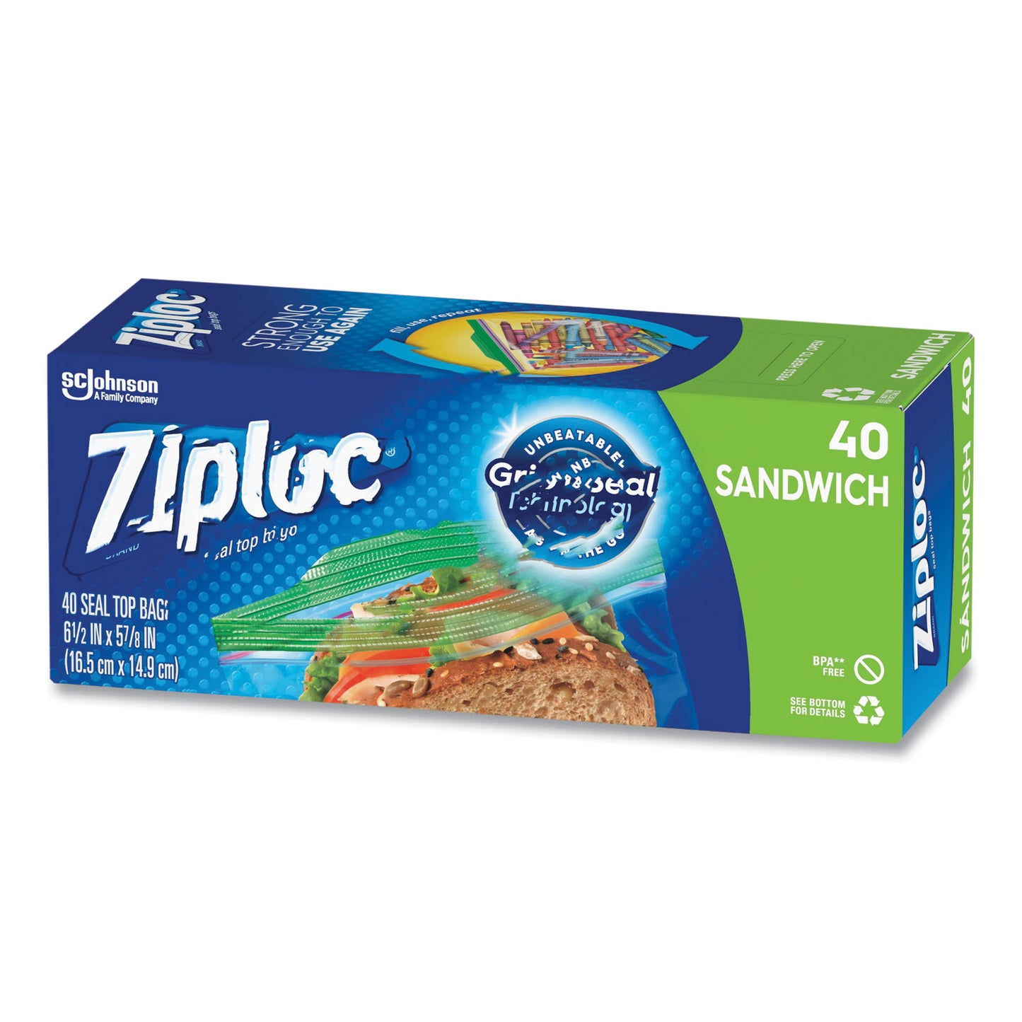 Ziploc Resealable Sandwich Bags, 6.5" x 5.88", Clear, 40 Bags/Box, 12 Boxes/Carton (315882)