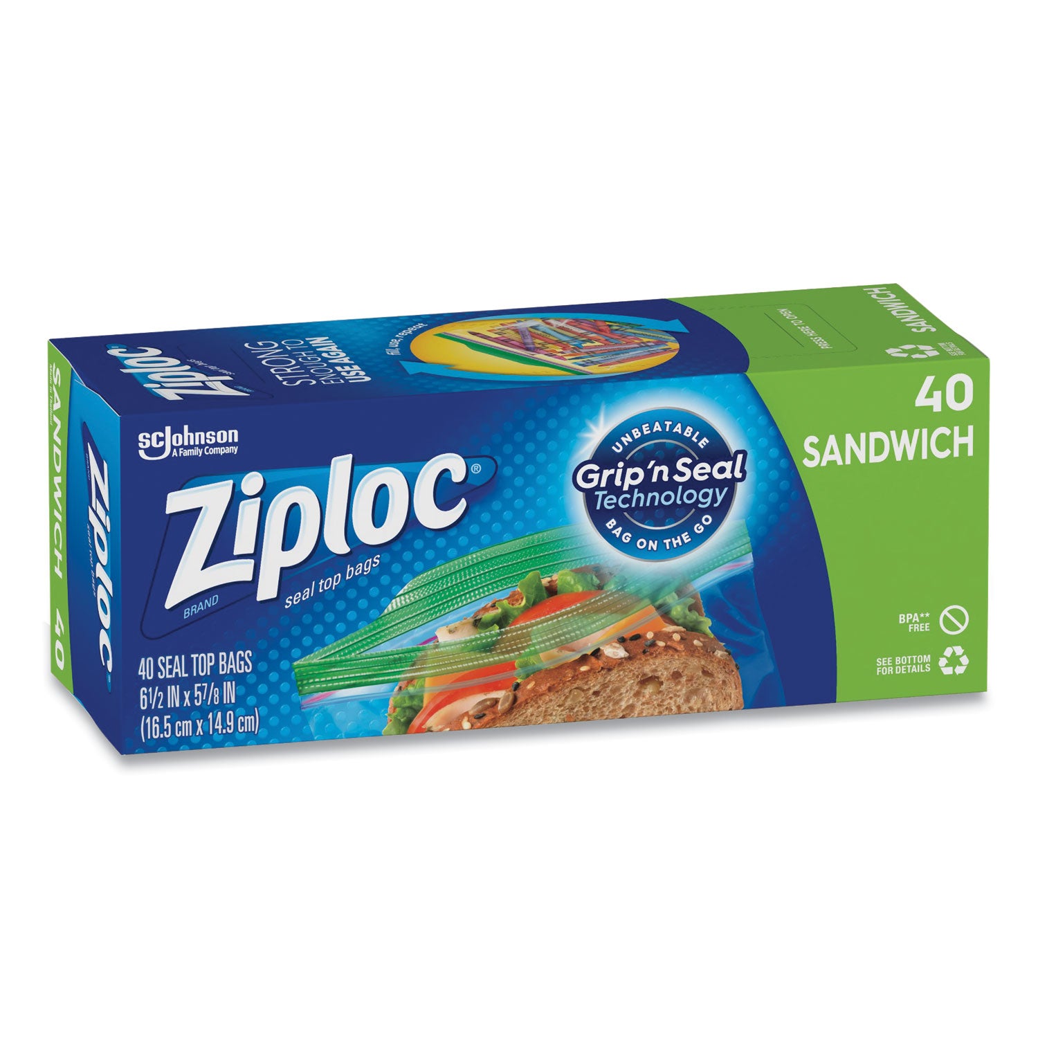 Ziploc Resealable Sandwich Bags, 6.5" x 5.88", Clear, 40 Bags/Box, 12 Boxes/Carton (315882)