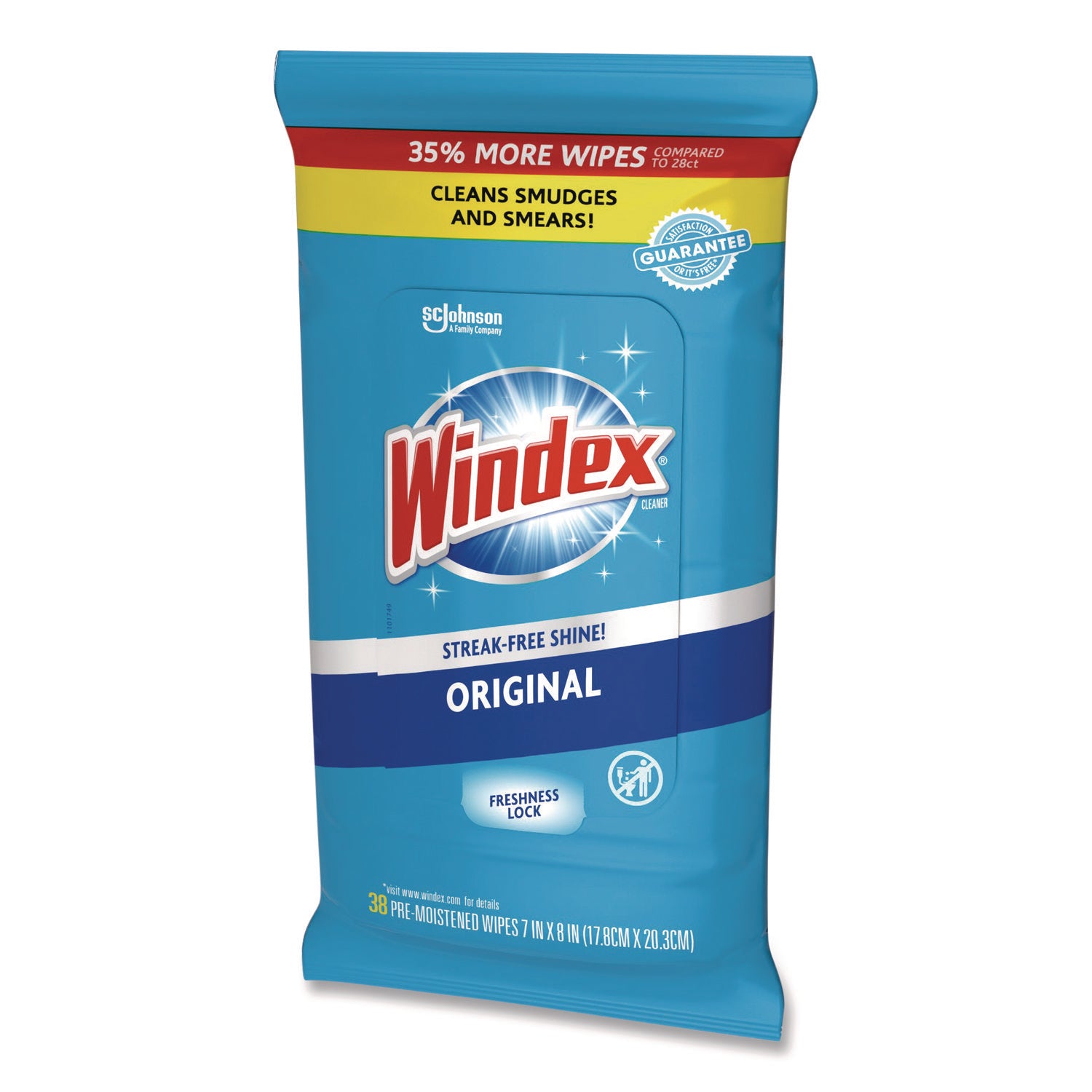 Windex Glass and Surface Wet Wipe, Cloth, 7 x 8, Unscented, White, 38/Pack (319251EA)