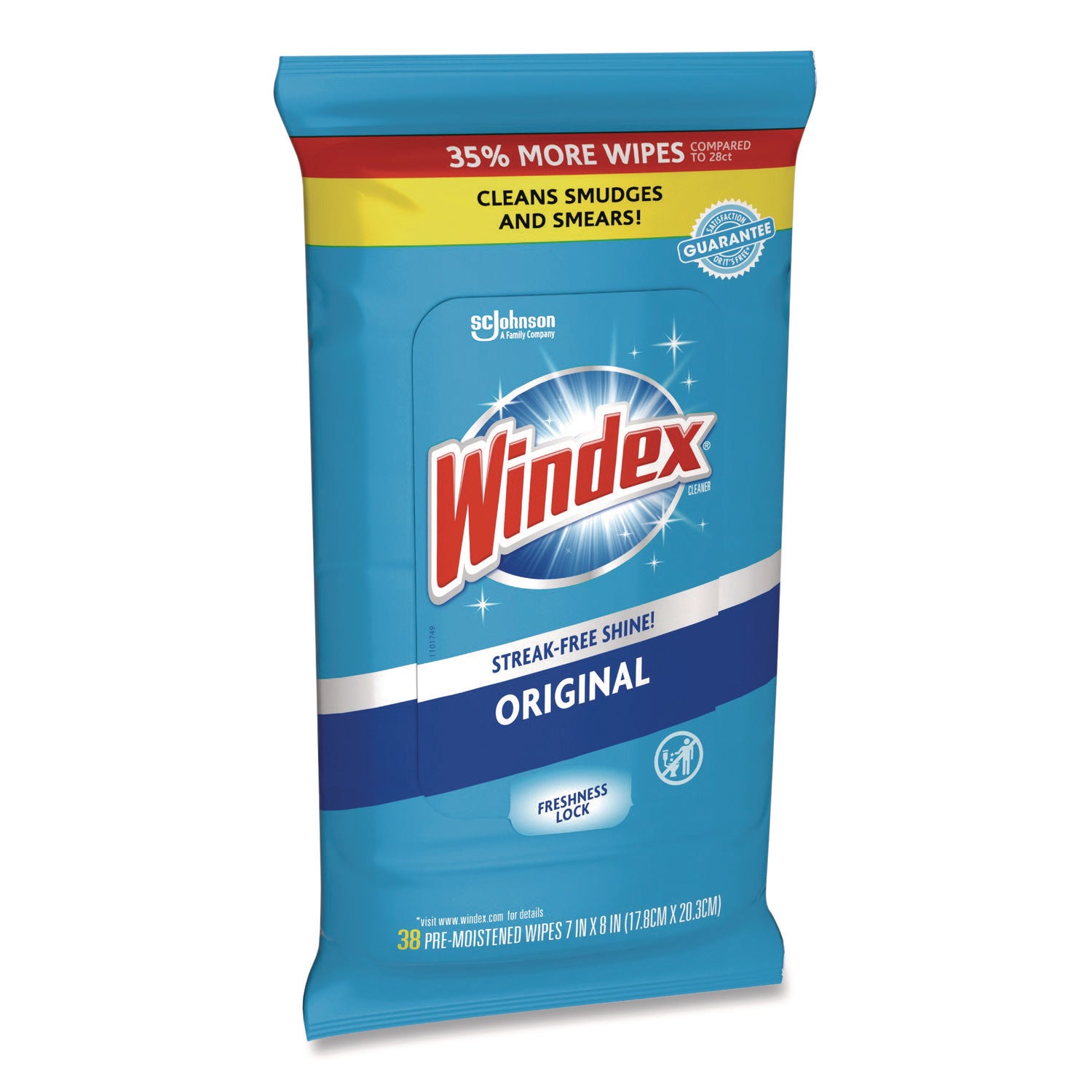 Windex Glass and Surface Wet Wipe, Cloth, 7 x 8, Unscented, White, 38/Pack (319251EA)