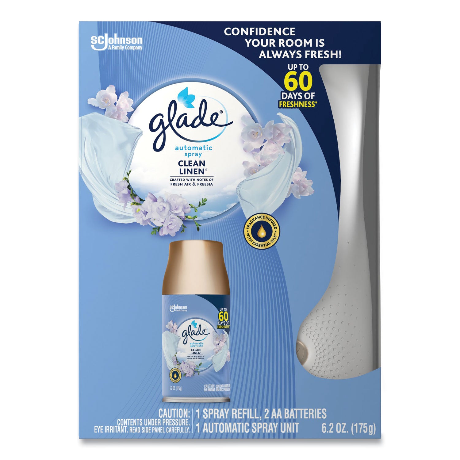 Glade Automatic Spray Starter Kit, Spray Unit and Refill, White/Gold, Clean Linen, 4/Carton (329349)