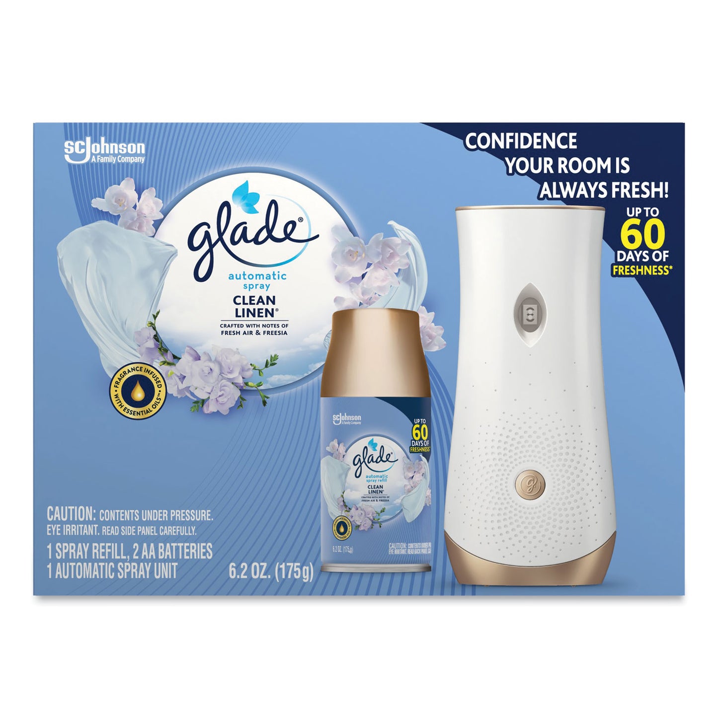 Glade Automatic Spray Starter Kit, Spray Unit and Refill, White/Gold, Clean Linen (329349KT)