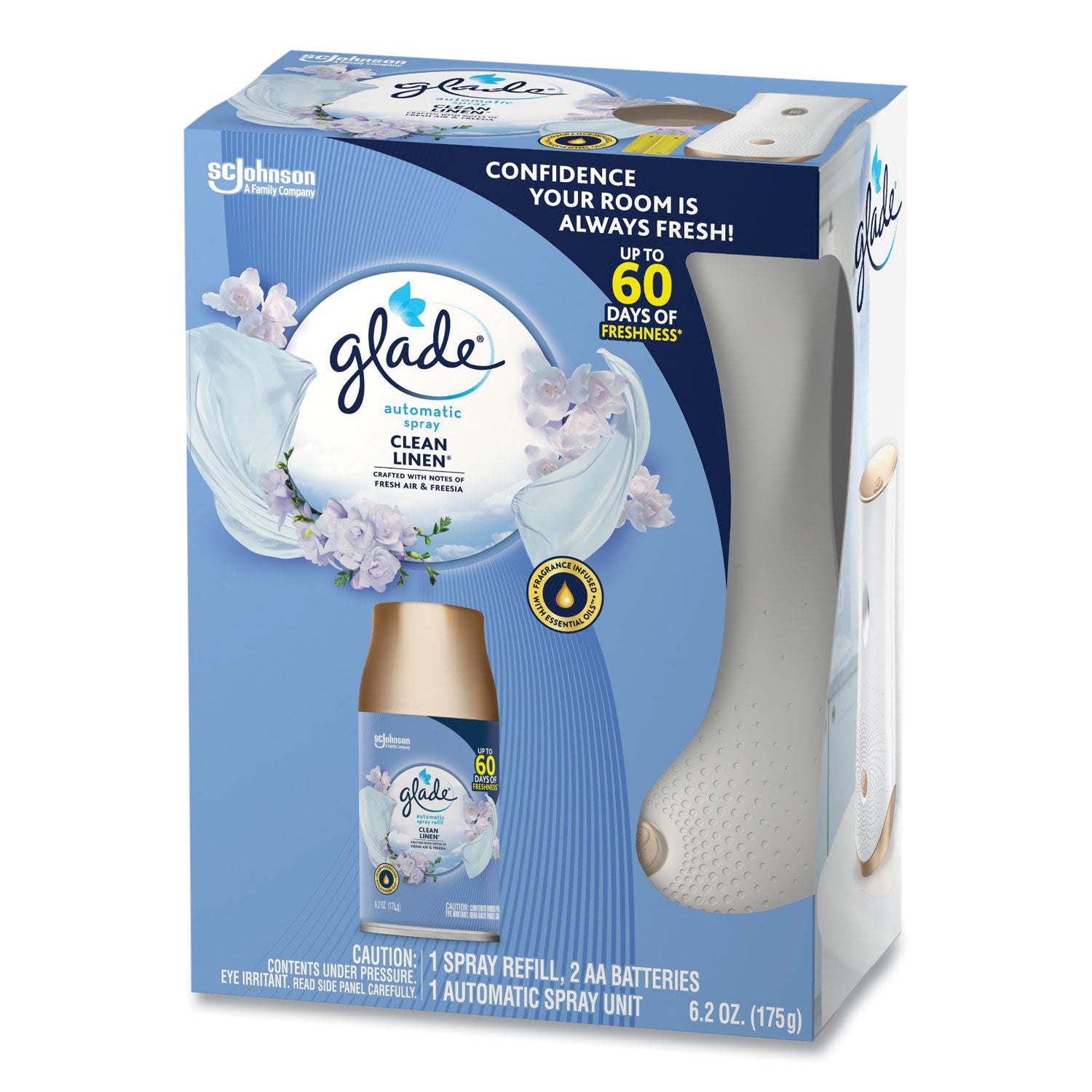 Glade Automatic Spray Starter Kit, Spray Unit and Refill, White/Gold, Clean Linen, 4/Carton (329349)