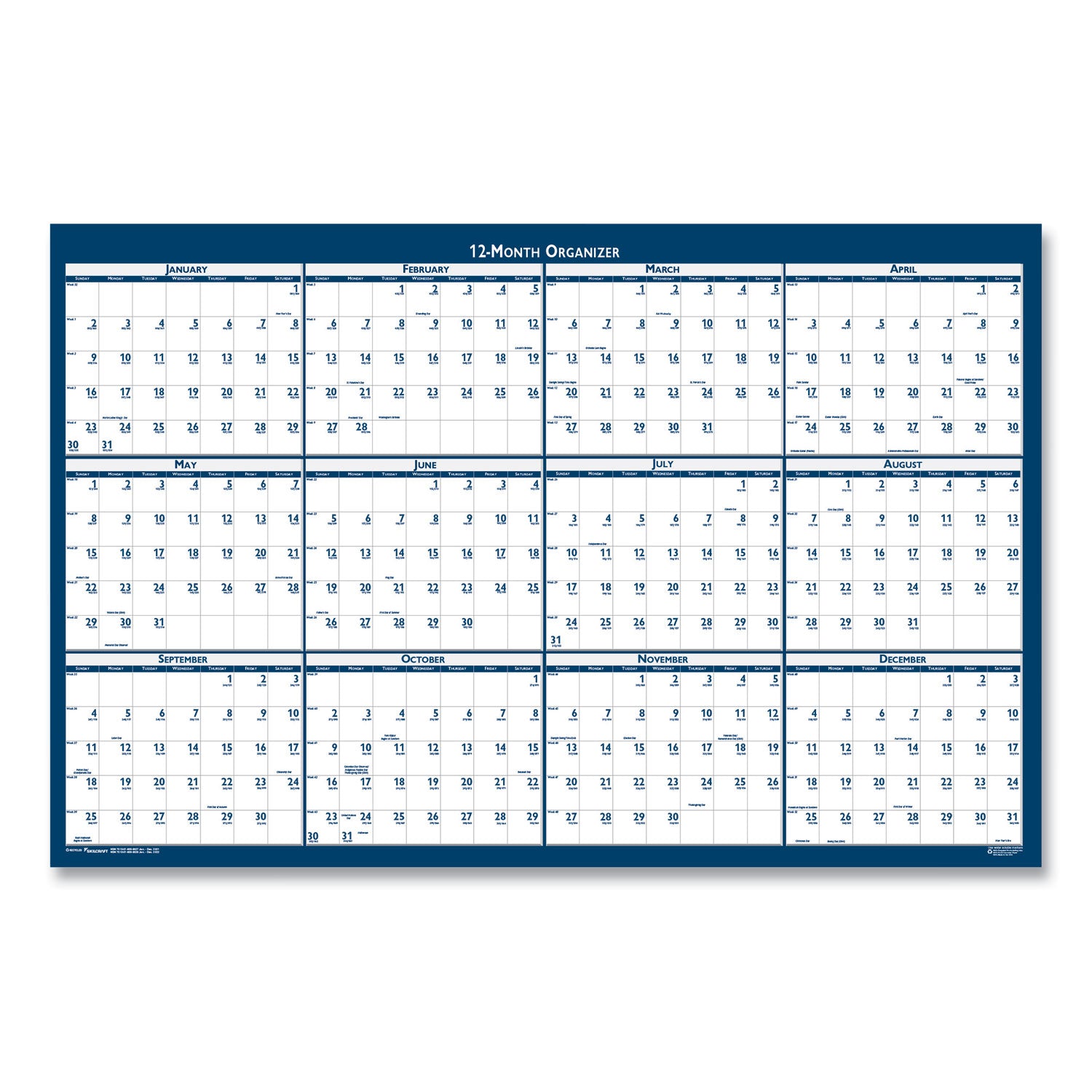 AbilityOne 7510016956113, SKILCRAFT Two-Sided Dry Erase Wall Calendar, 24 x 37, White/Blue Sheets, 12-Month (Jan to Dec): 2025