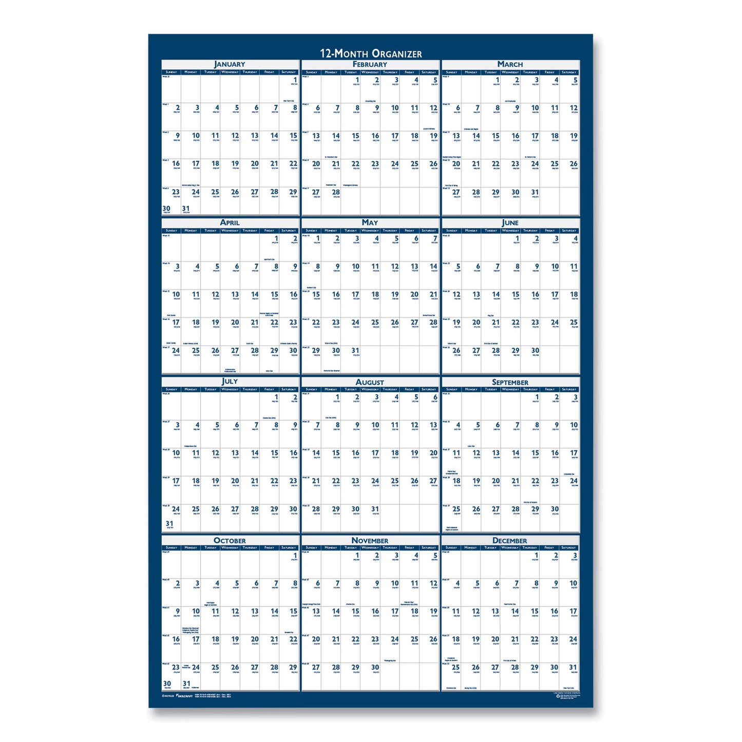 AbilityOne 7510016956113, SKILCRAFT Two-Sided Dry Erase Wall Calendar, 24 x 37, White/Blue Sheets, 12-Month (Jan to Dec): 2025