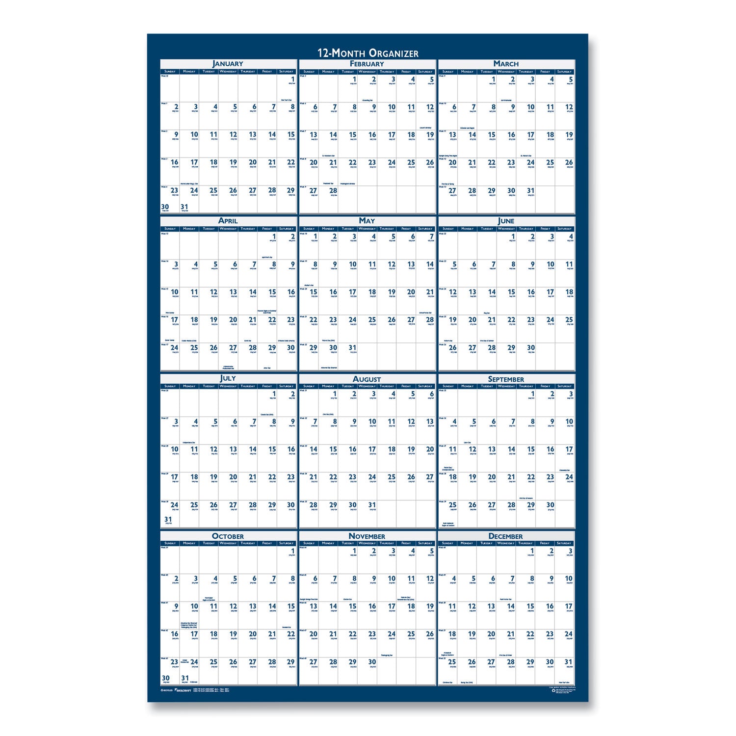 AbilityOne 7510016956113, SKILCRAFT Two-Sided Dry Erase Wall Calendar, 24 x 37, White/Blue Sheets, 12-Month (Jan to Dec): 2025