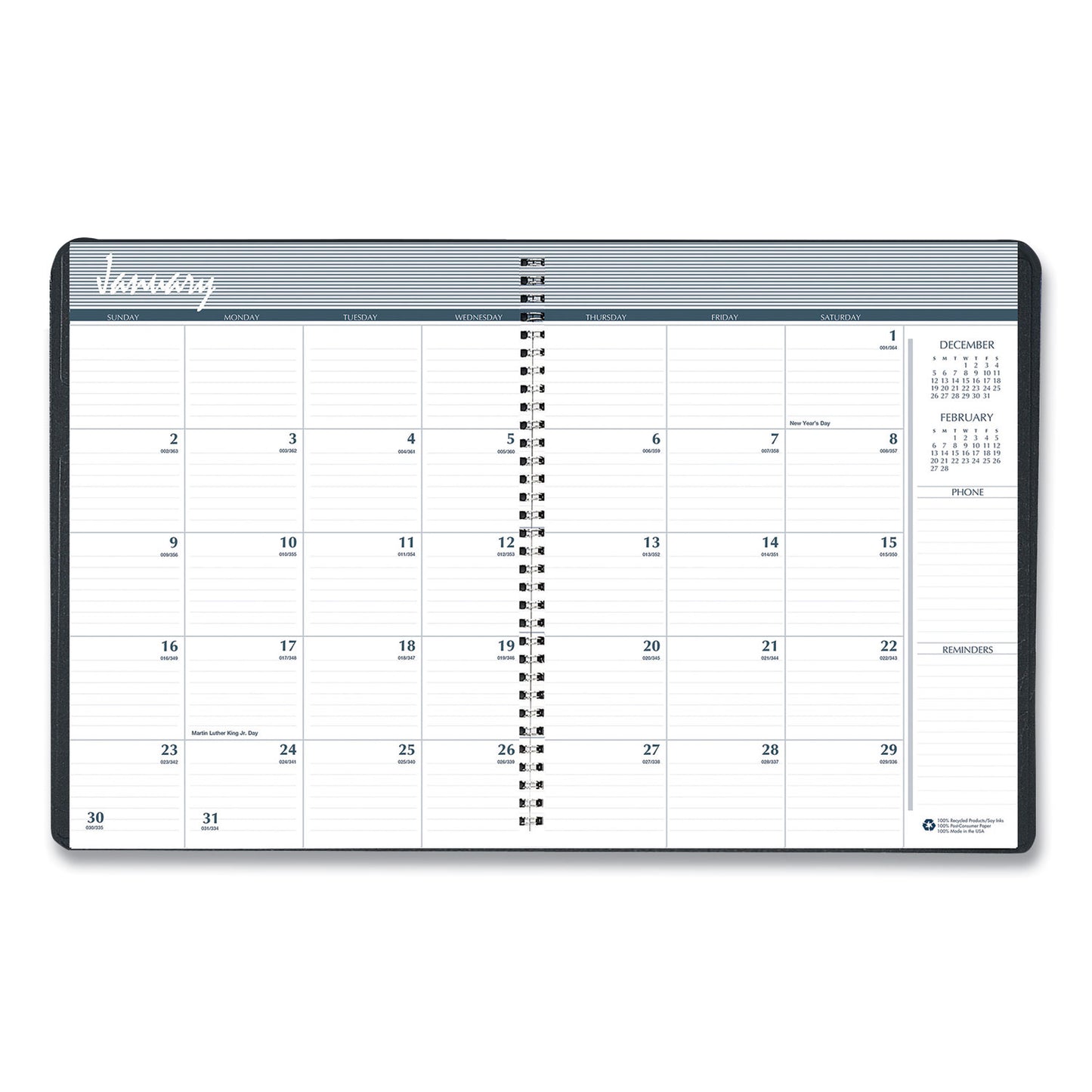 AbilityOne 7510016828095, SKILCRAFT Monthly Appointment Planner, 8.75 x 6.88, Black Cover, 14-Month: Dec 2024 to Jan 2026