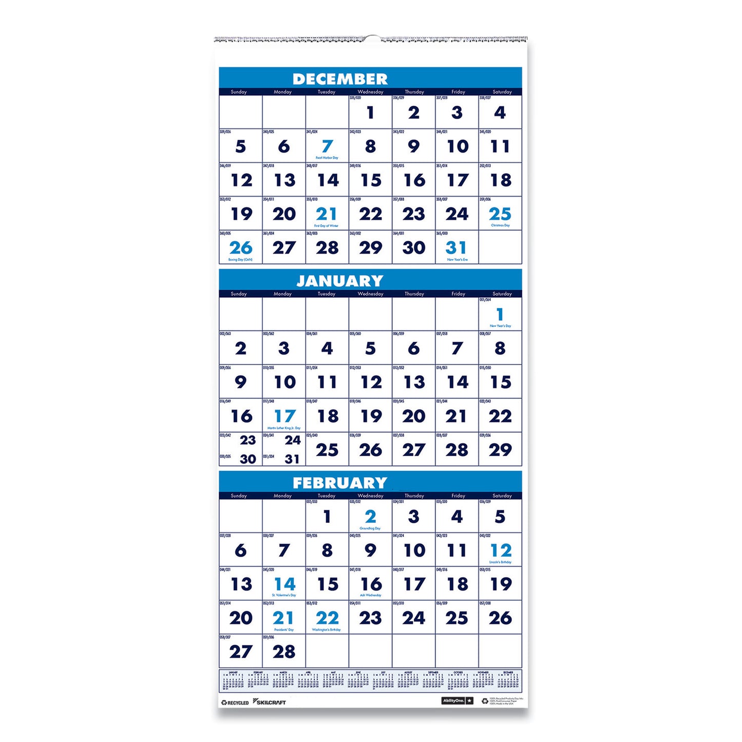 AbilityOne 7510016828101, SKILCRAFT Wirebound 3-Month-View Vertical Wall Calendar, 12.25 x 26, White/Blue, 14-Month: Dec 2024 - Jan 2026