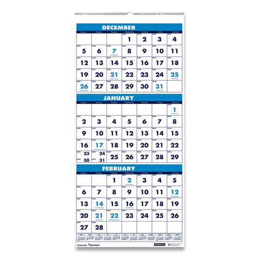 AbilityOne 7510016828101, SKILCRAFT Wirebound 3-Month-View Vertical Wall Calendar, 12.25 x 26, White/Blue, 14-Month: Dec 2024 - Jan 2026