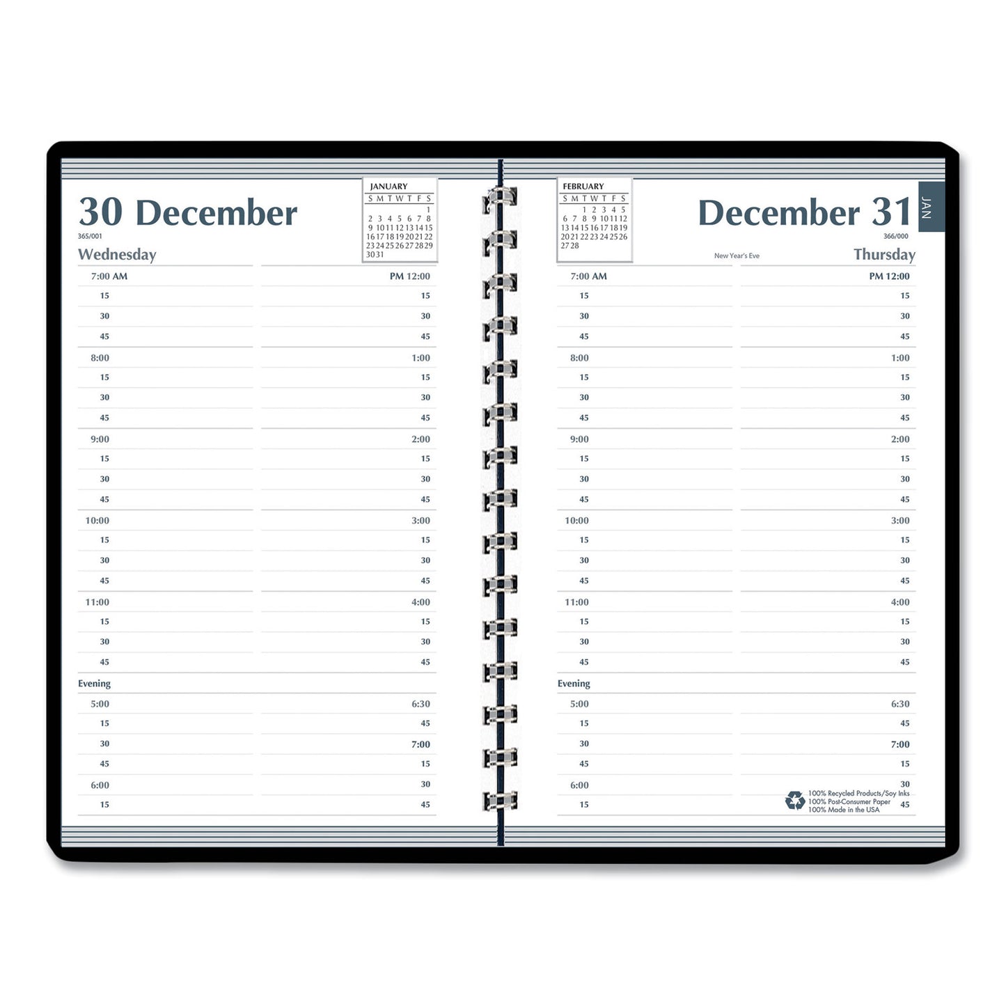 AbilityOne 7530016935598, SKILCRAFT Daily Appointment Planner, 8 x 5, Black Cover, 12-Month (Jan to Dec): 2025