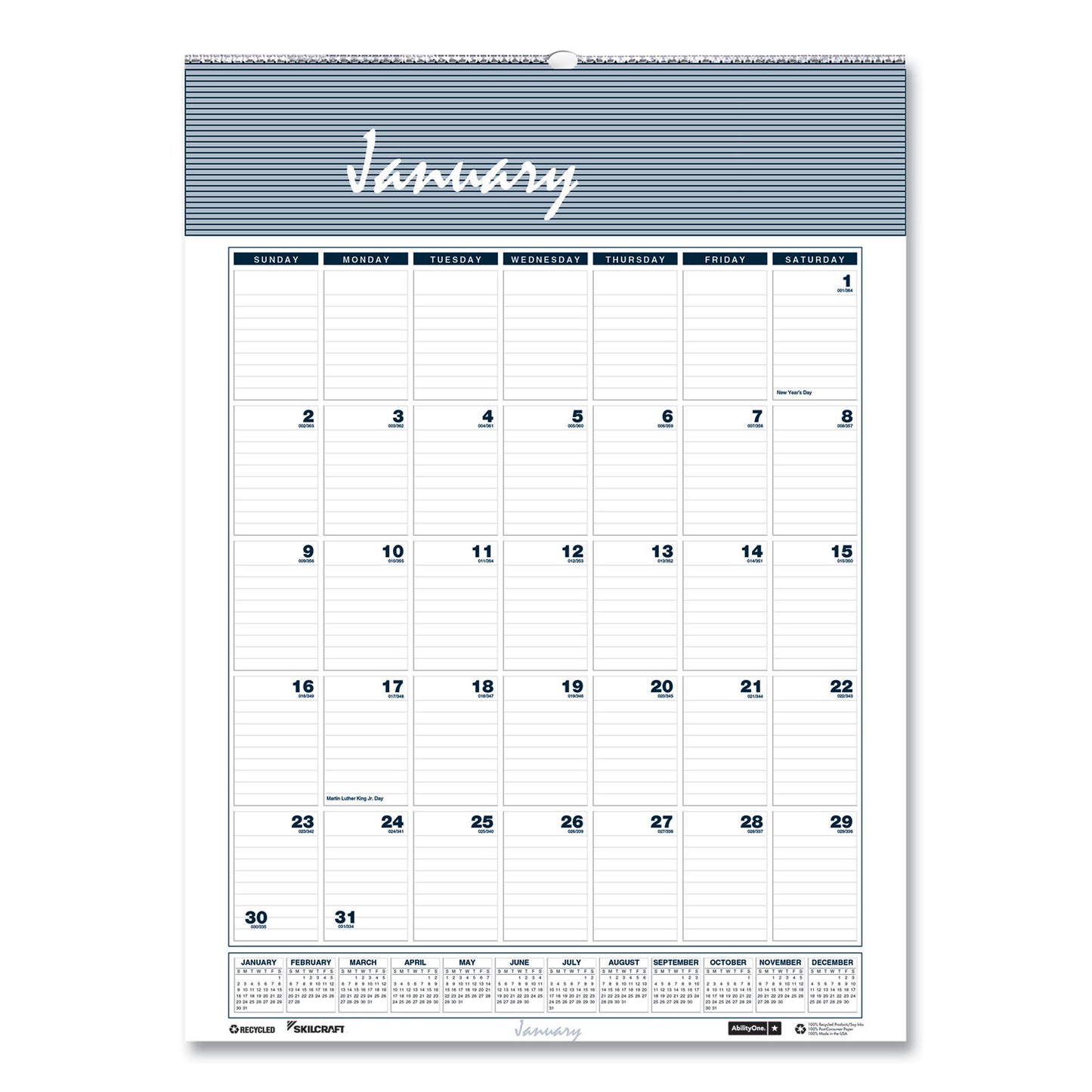 AbilityOne 7510016935098, SKILCRAFT 12-Month Wall Calendar, 12 x 17, White/Blue/Gray Sheets, 12-Month (Jan to Dec): 2025