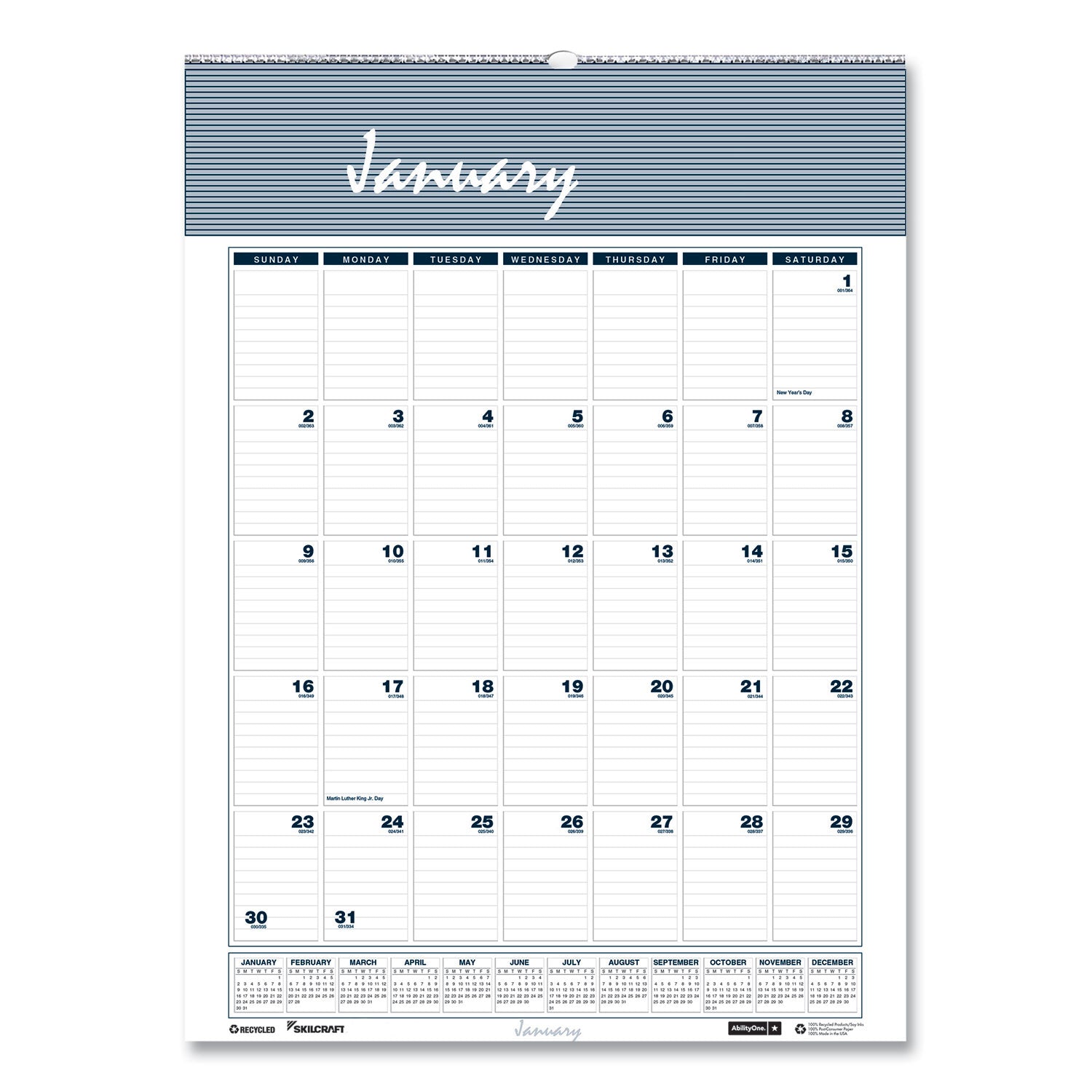 AbilityOne 7510016935098, SKILCRAFT 12-Month Wall Calendar, 12 x 17, White/Blue/Gray Sheets, 12-Month (Jan to Dec): 2025