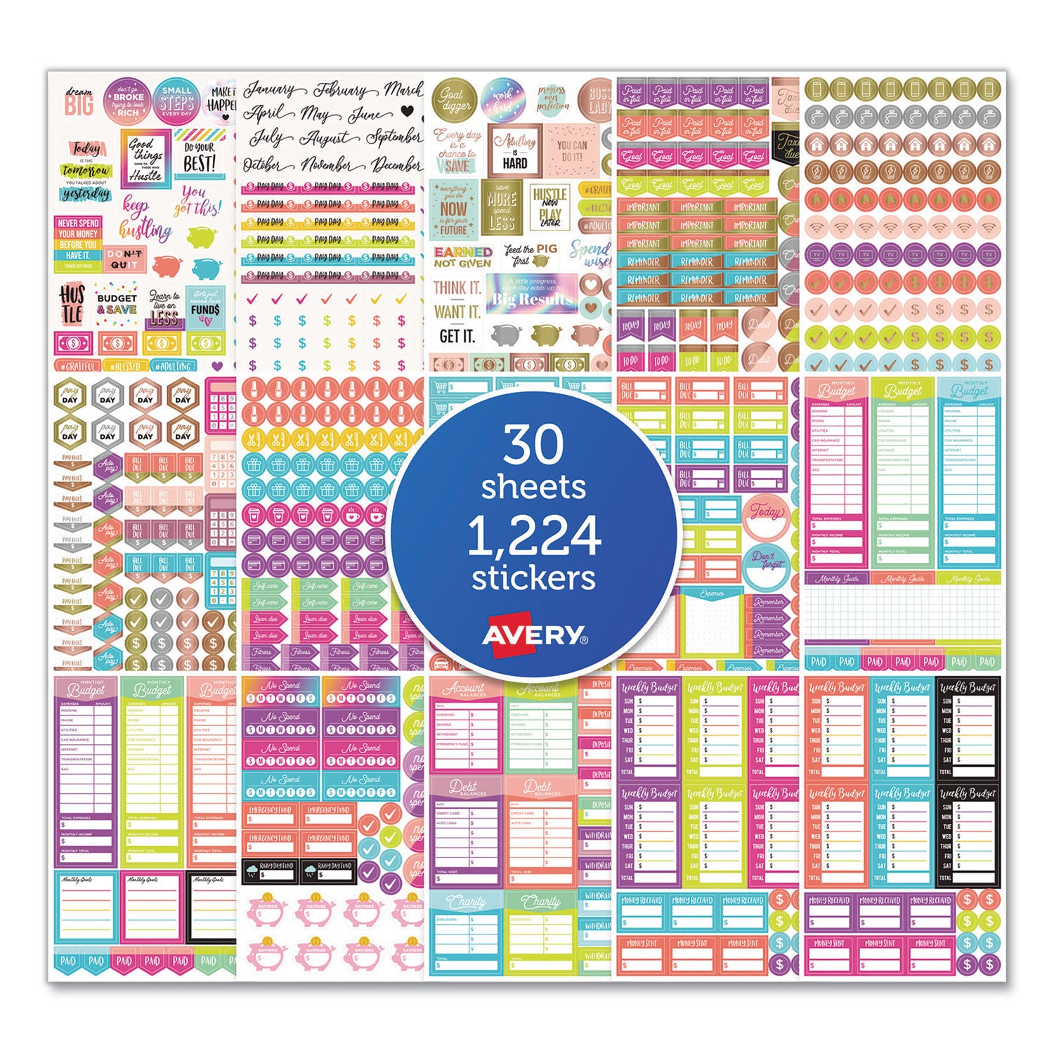 Avery Budgeting Planner Stickers, Budget Theme, Assorted Colors, 1,224/Pack (6788)