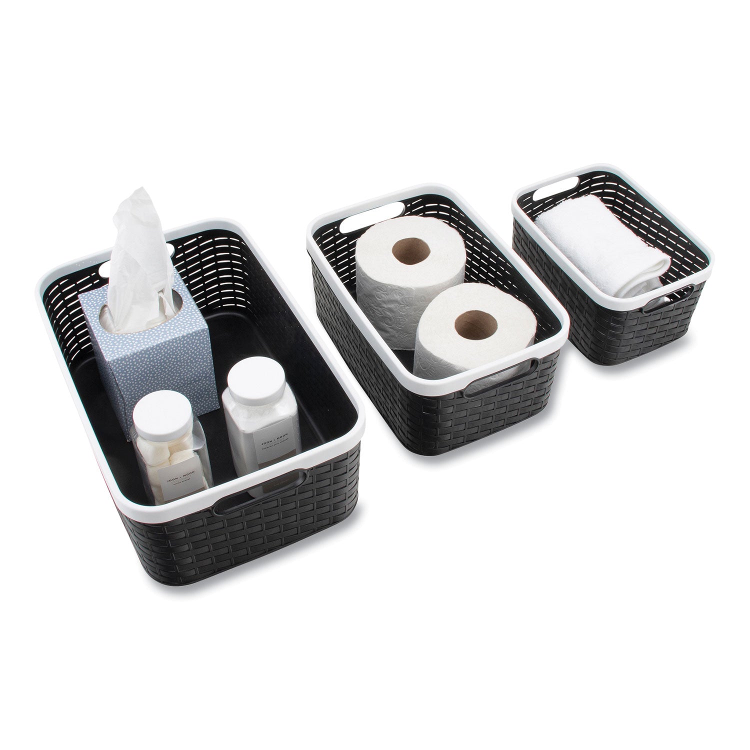 Advantus Open Lid Storage Bin, Assorted Sizes, Black/White, 3/Pack (39220)