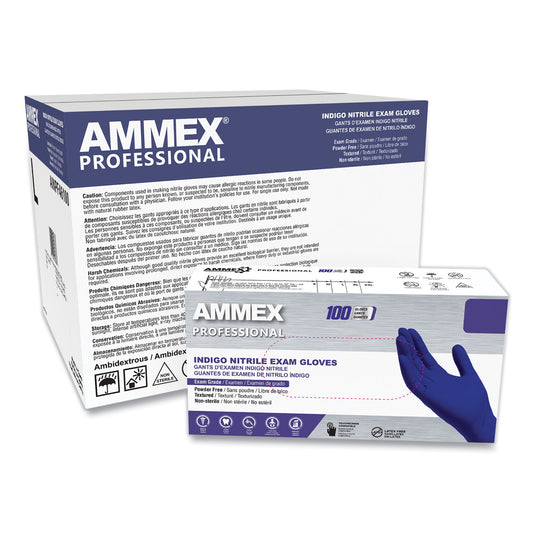 AMMEX Professional Nitrile Exam Gloves, Powder-Free, 3 mil, Medium, Indigo, 100/Box (AINPF44100)