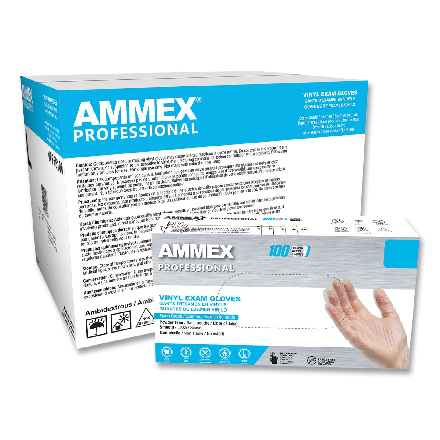 AMMEX Professional Vinyl Exam Gloves, Powder-Free, Medium, Clear, 100/Box (VPF64100)