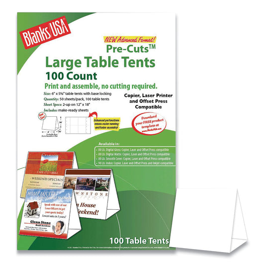 Blanks/USA Table Tent, 80 lb Cover Weight, 12 x 18, White, 2 Tents/Sheet, 50 Sheets/Pack (01FLWH)