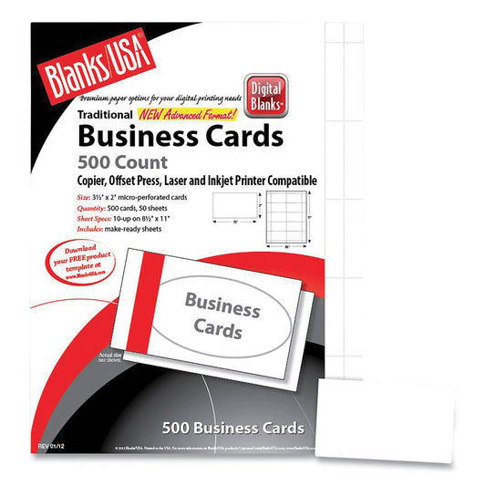 Blanks/USA Printable Microperforated Business Cards, Copier/Inkjet/Laser/Offset, 2 x 3.5, White, 2,500 Cards, 10/Sheet, 250 Sheets/Pack (25S8WH)