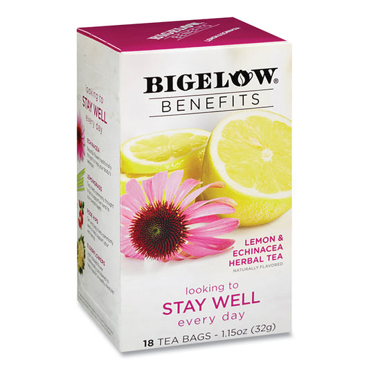 Bigelow Benefits Lemon and Echinacea Herbal Tea Bags, 0.6 oz Tea Bag, 18/Box (1025)